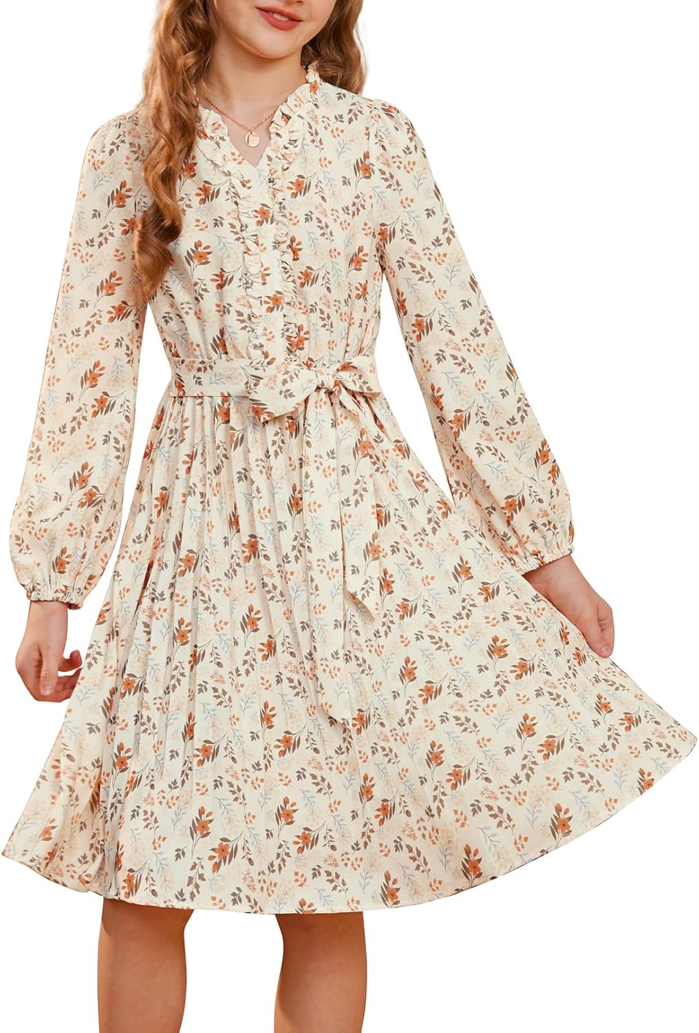 GRACE KARIN Girls Long Sleeve Fall Dress Floral Pleated Casual Holiday Party Teen Flower Dresses Size 6-14Y