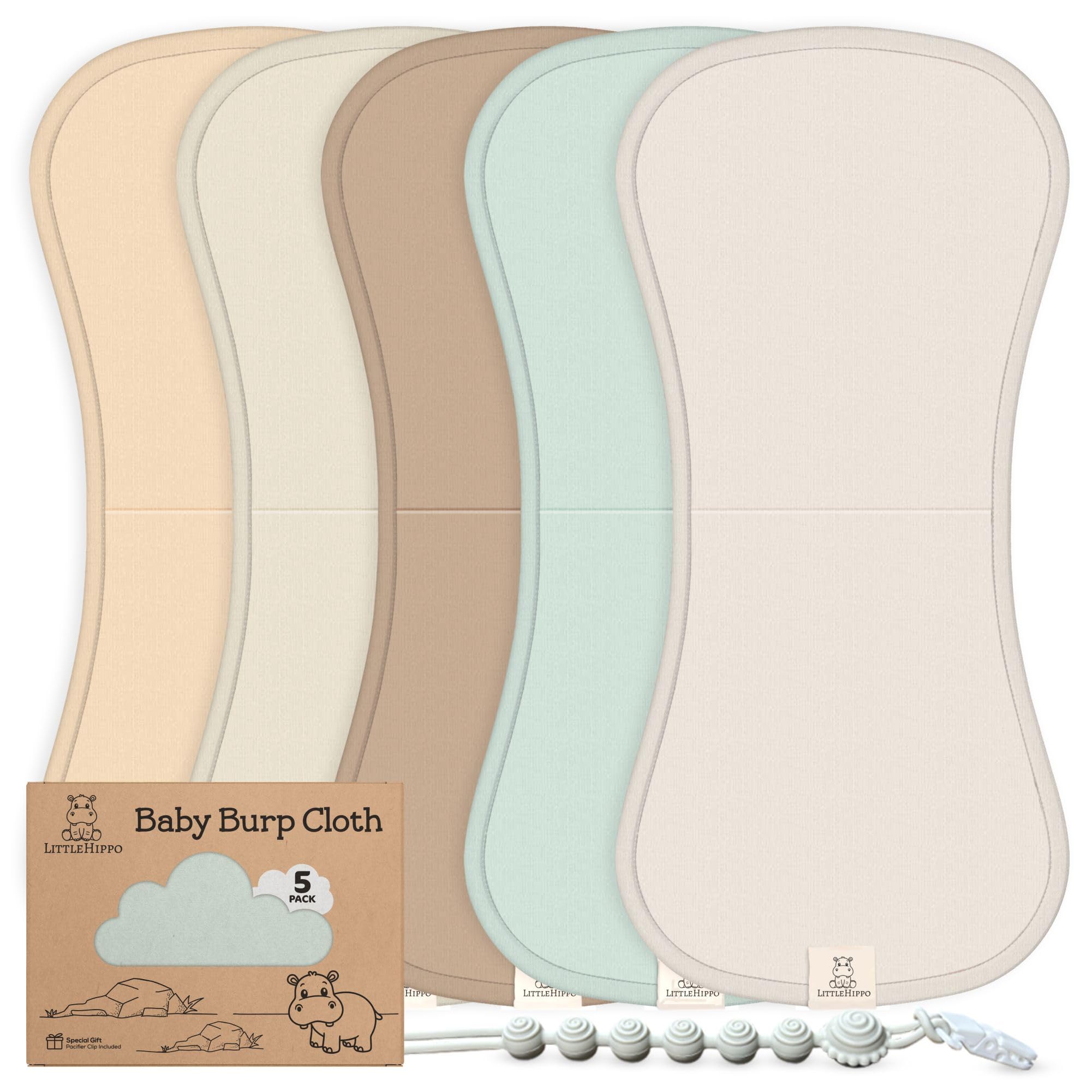 Paños para eructar LittleHippo para bebé, 100 % algodón orgánico, paquete de 5, con clip para chupete, caja de regalo, extra absorbentes, suaves, esenciales para bebés, para niños y niñas, grandes, para registro de recién nacidos, 21 x 10