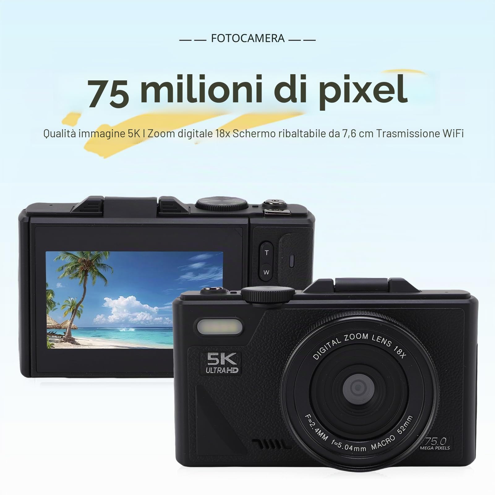 Fotocamera digitale 5K per Fotografia, 75MP Vlogging Camera con WIFI, Schermo Ribaltabile da 3 a 180°, Zoom 18X, Autofocus, Anti Shake, Fotocamera da Viaggio per Principianti