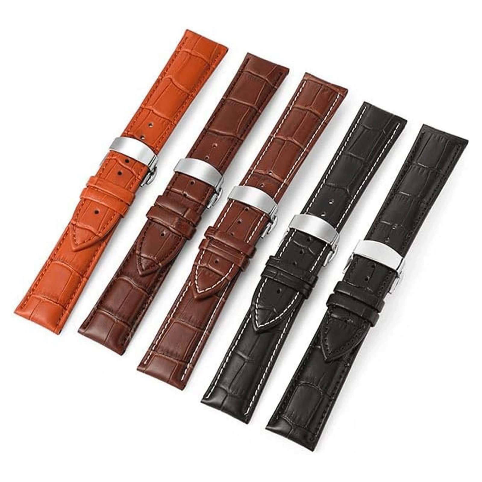 Bracelets de Montre en Cuir véritable, Motif Bambou, avec Boucle Papillon à Double Pression