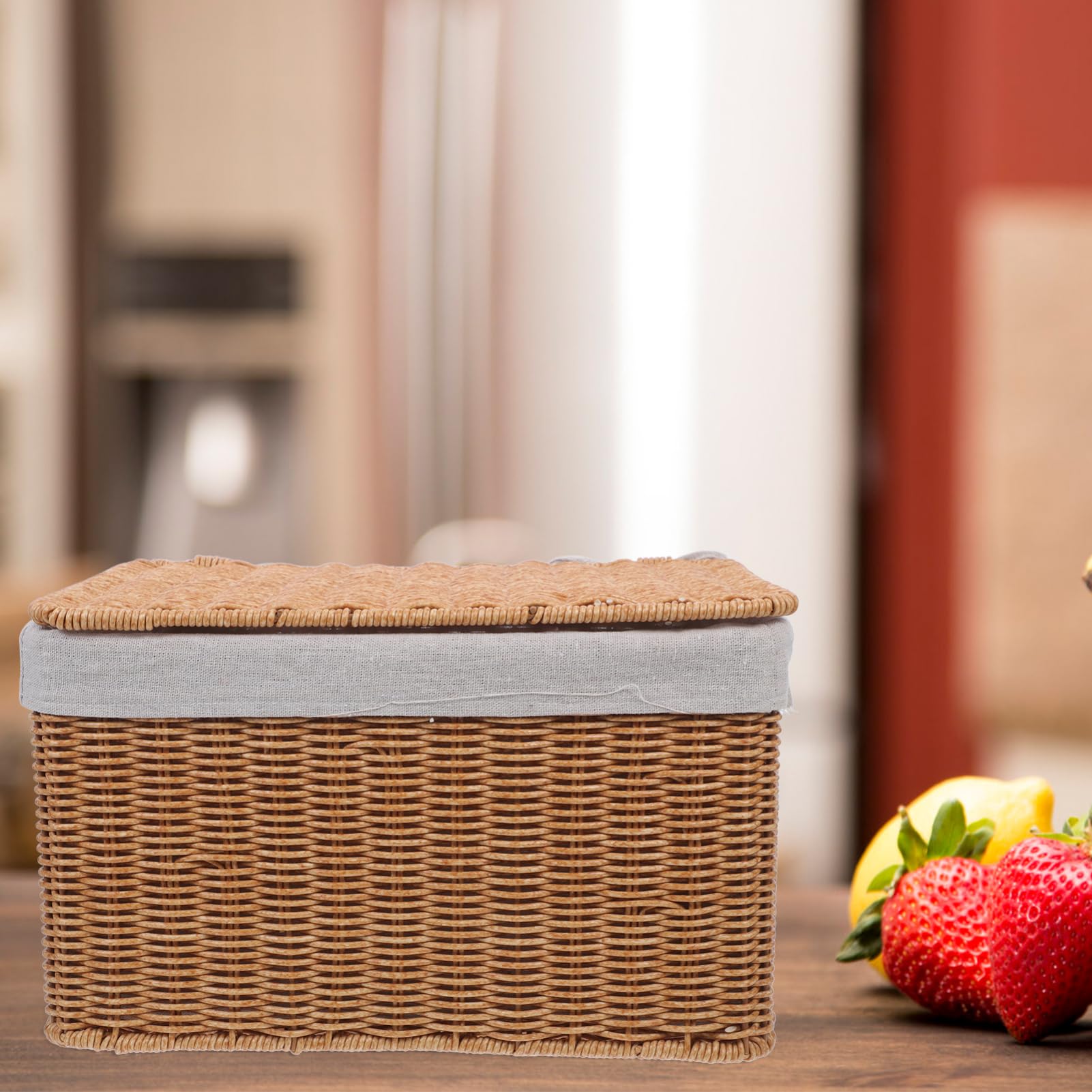 Homoyoyo Cesta de Almacenamiento Tejida Mano con Tapa Organizador de Mimbre con Asas y Forro para Dormitorio Lavandería y Cocina