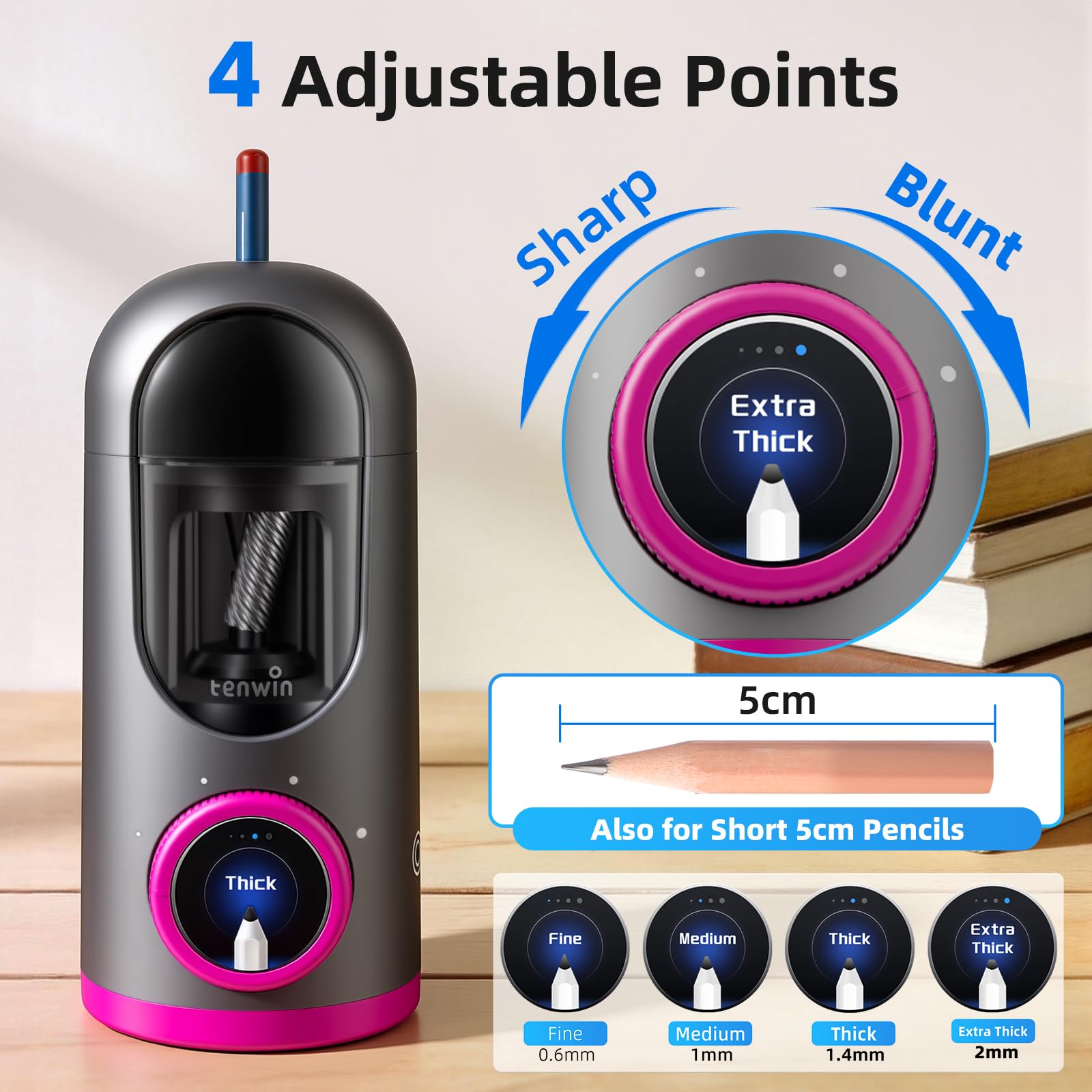 tenwin Vollautomatischer elektrischer Bleistiftspitzer, schnelles Spitzen von 7–12 mm Bleistiften und Buntstiften, wiederaufladbar mit LCD-Display, ideal für zu Hause, im Büro und in der Schule (grau)