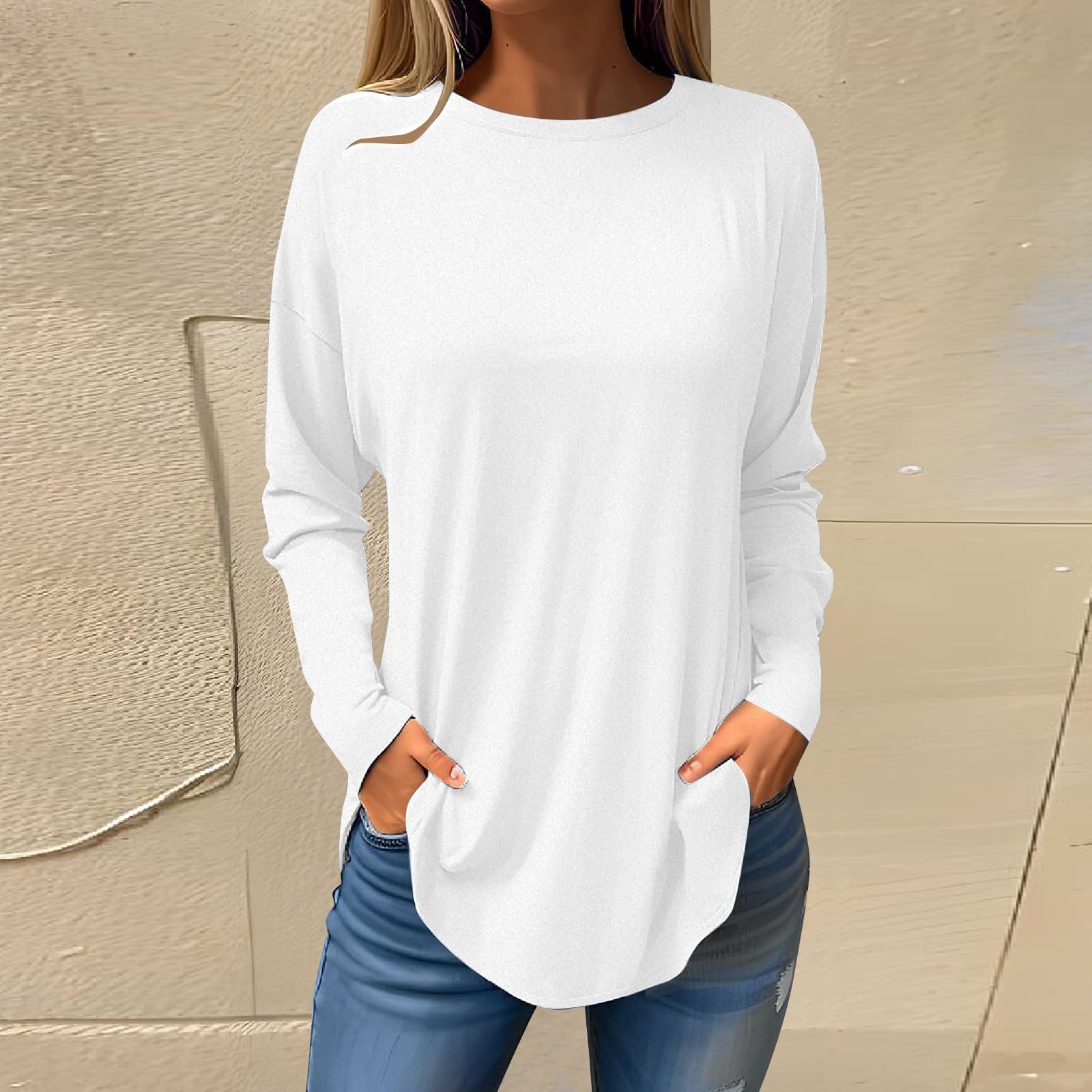 Womens T Shirt Casual Long Sleeve Crew Neck Shirts Basic Loose Tee Solid Color Fashion Plus Size Pullover Tops Blouse