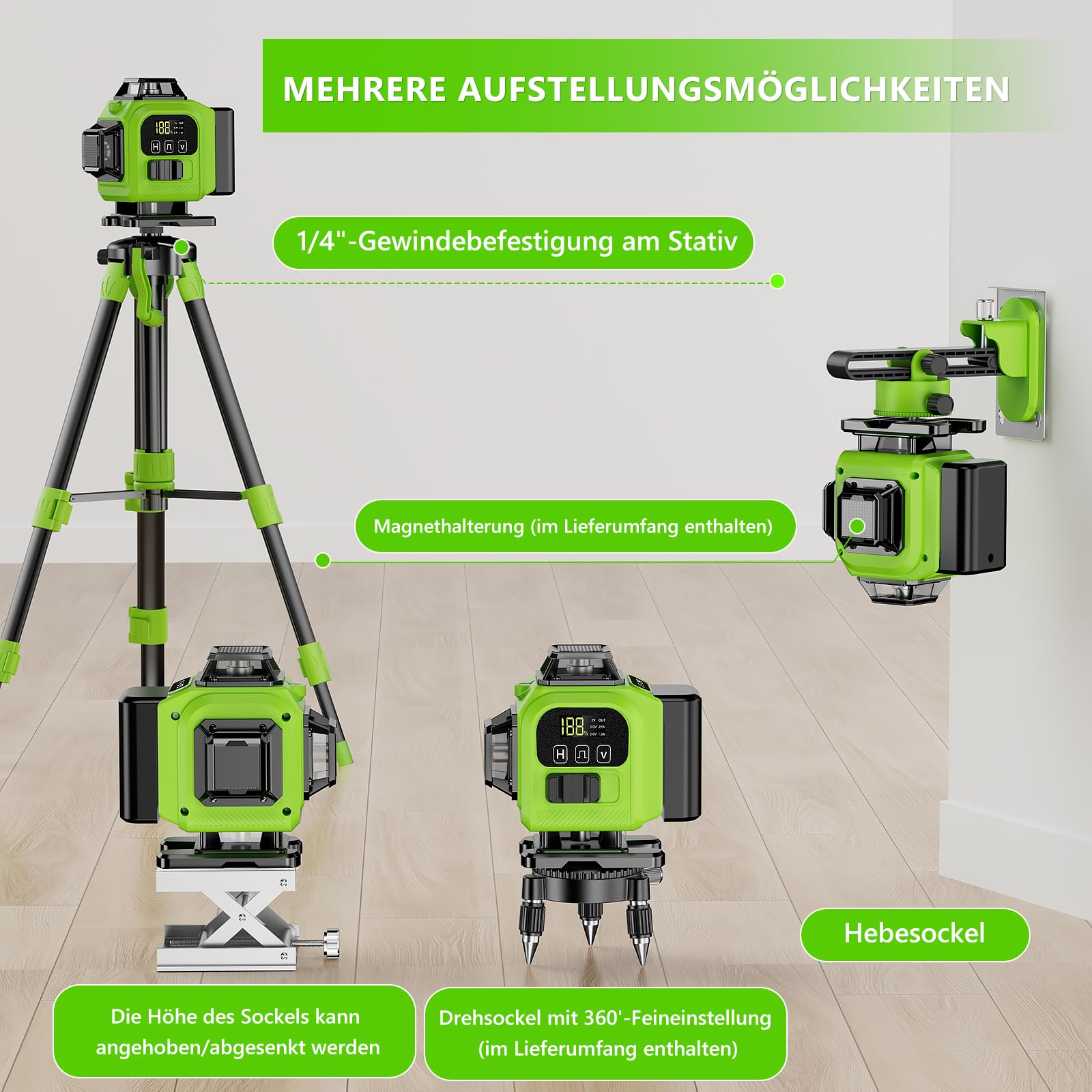 Kreuzlinienlaser Grün 16 Linien Nivellierlaser mit Stativ, 4 x 360 ° Laser wasserwaage, linienlaser kreuzlaser selbstnivellierend für Innenbereich Baustelle, 2 x Batterie Vermessungskabine