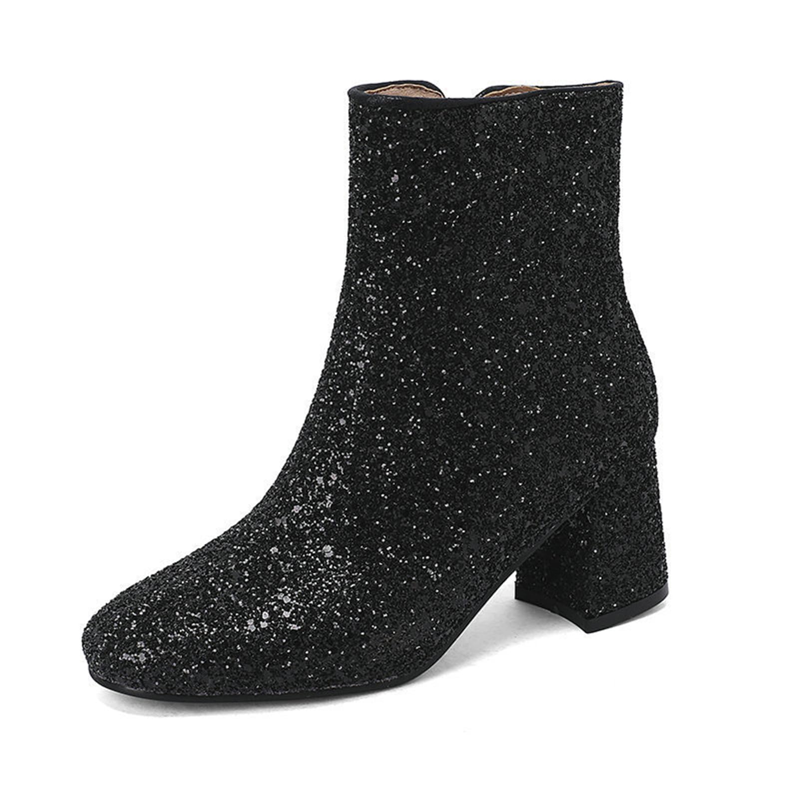 Womens Sparkly Sequin Ankle Boots Chunky Heel Glitter Party Booties with Zipper