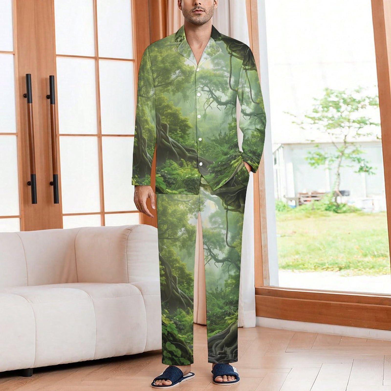 Pigiama Verde Uomo Cotone Primavera Foresta Antica Pigiama da Notte con Bottoni Pigiami Due Pezzi Maniche Lunghe Camicia e Pantaloni con Tasche