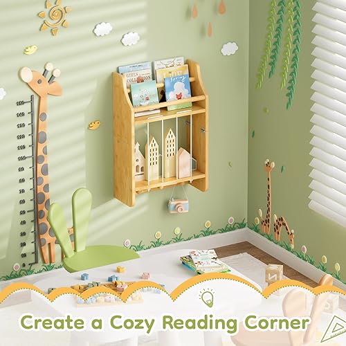 Miniatura 5 de Estantería de pared para niños, estante flotante de bambú de 2 niveles, estante de repisa de cuadros para decoración y almacenamiento de pared