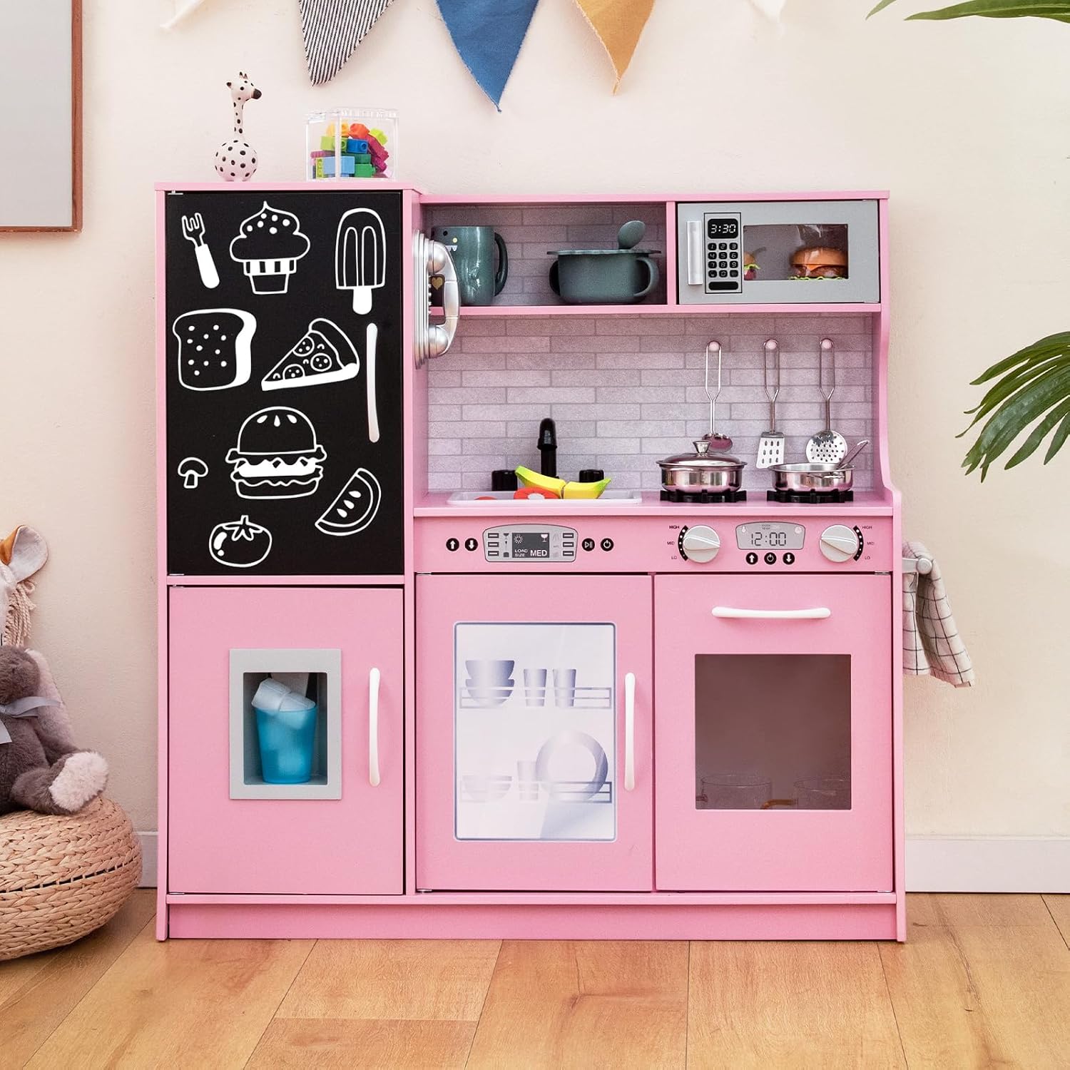 OLAKIDS Kids Kitchen Playset, Toddler Wooden Pretend Cooking Set with Sounds Chalkboard Fridge Ice Maker Microwave Oven Stove Telephone Sink, Simulation Chef Play Toy Gift (Pink)