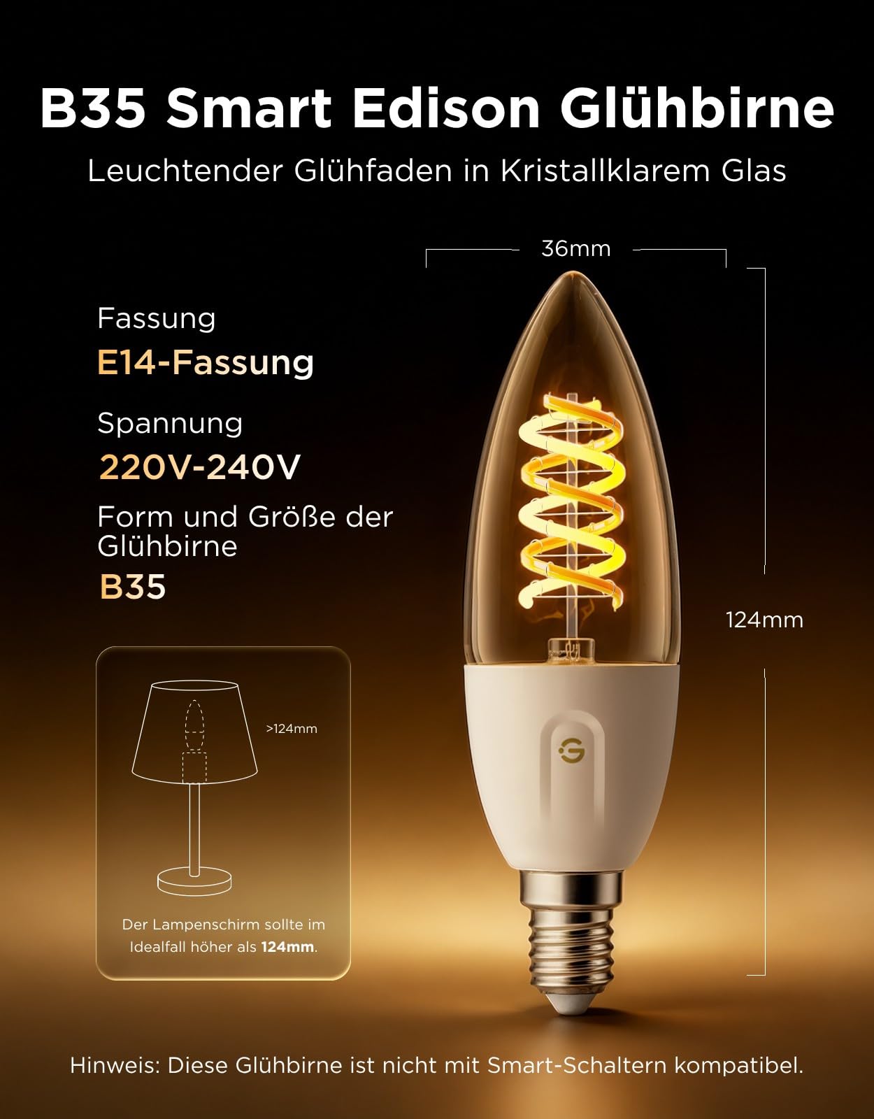 Govee Smart Edison Glühbirne E14, 300LM RGBWW Dimmbar Lampe B35, 2 Stück | Kompatibel mit Matter, Alexa, Google Assistant, COB dimmbar, 16 Millionen DIY-Farben, CRI 90, für Wohnzimmer und Kronleuchter