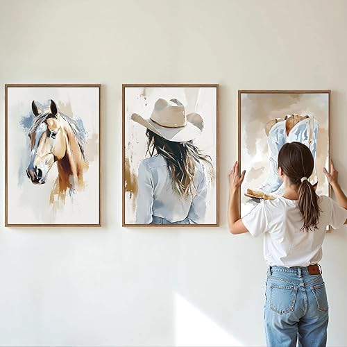 Miniatura 2 de YeeHomedec Juego de arte de pared en lienzo enmarcado de vaquera occidental, decoración de pared azul y blanco, impresión artística de botas de