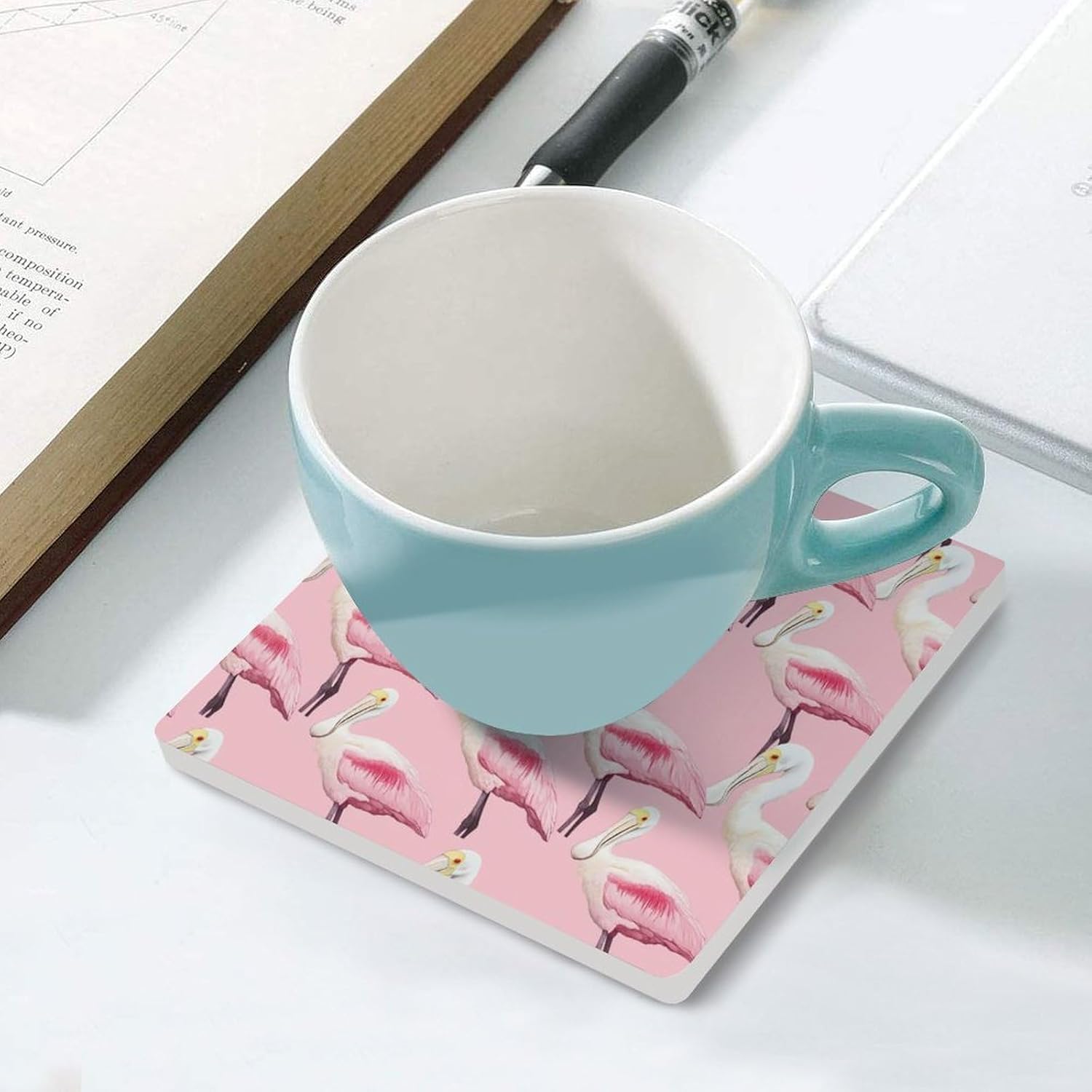 Roseate Spoonbill Pattern Funny Ceramic Coasters for Drink Absorbent Cup Holders Tabletop Protection