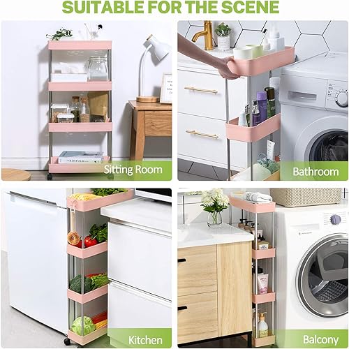 Miniatura 6 de KPX Carrito de almacenamiento delgado y rodante, organizador de estantes pequeños con ruedas giratorias, carrito móvil para baño, estante pequeño