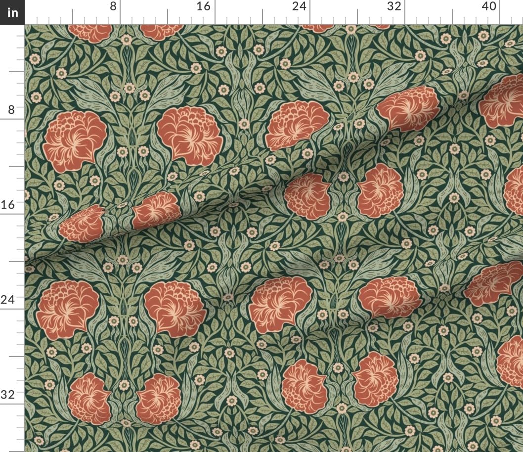 Spoonflower Fabric - Art Nouveau William Morris Antique Coral Green Cottage Arts and Crafts Printed on Petal Cotton Fabric by The Yard - Sewing Quilting Apparel Crafts Decor