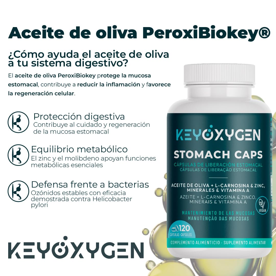 Enzimas Digestivas Liberación Estomacal con Zinc + Vitamina A Y L-Carnosina - Complemento Alimenticio Vegano para El Mantenimiento de las Mucosas 120 Cápsulas | KeyOxygen Stomach Caps