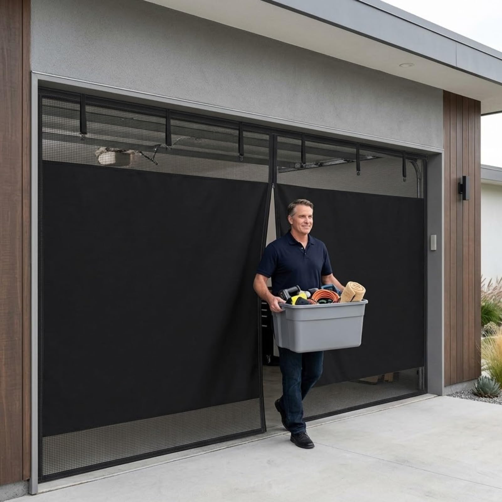 Garage Door Fly Screen Mesh, Privacy Garage Door Fly Screen Netting, Powerful Magnets Fibreglass Curtain Keeps Insects Out, Drill-Free Fastener Tape, Hands Free(W366 x H244 cm (W12 x H8 ft))