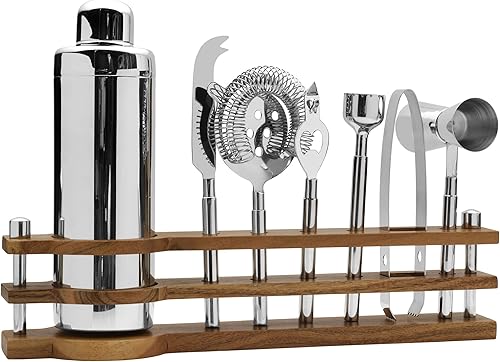 Mikasa Bliss - Juego de herramientas de barra con soporte de madera, 8 piezas, acero inoxidable