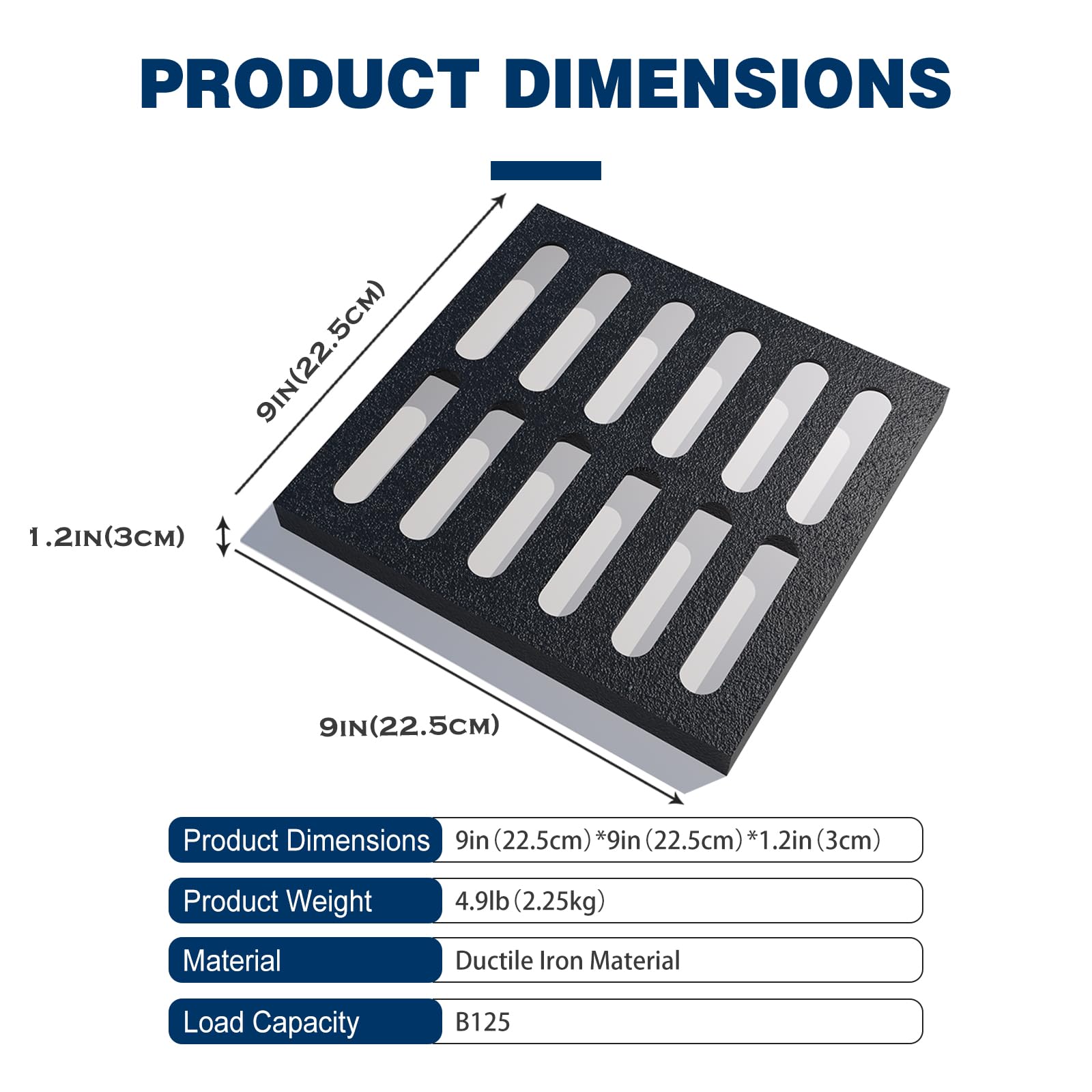 Cast Iron Drain Grate, 9 * 9in Outdoor Drain Cover, B125 Class Ductile Iron Channel Drainage Grates, Heavy Duty Sewer Grate,Black Square Drain Grate for Yard,Driveway,Concrete Floor