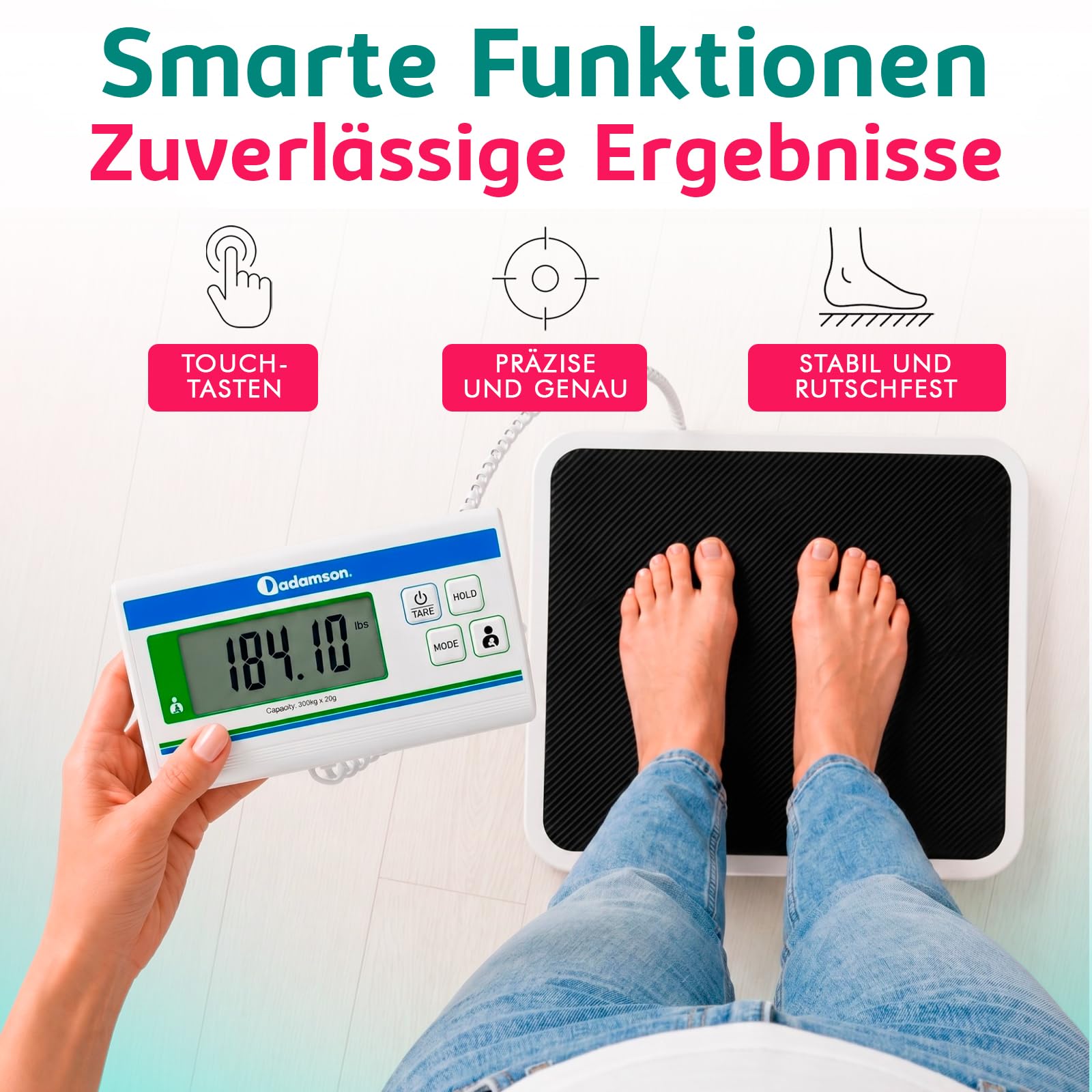 Medizinische Personenwaage Extra Breit 300 kg mit Hoher Präzision | Mit beleuchtetem Display in kg lb und oz, Schwarz