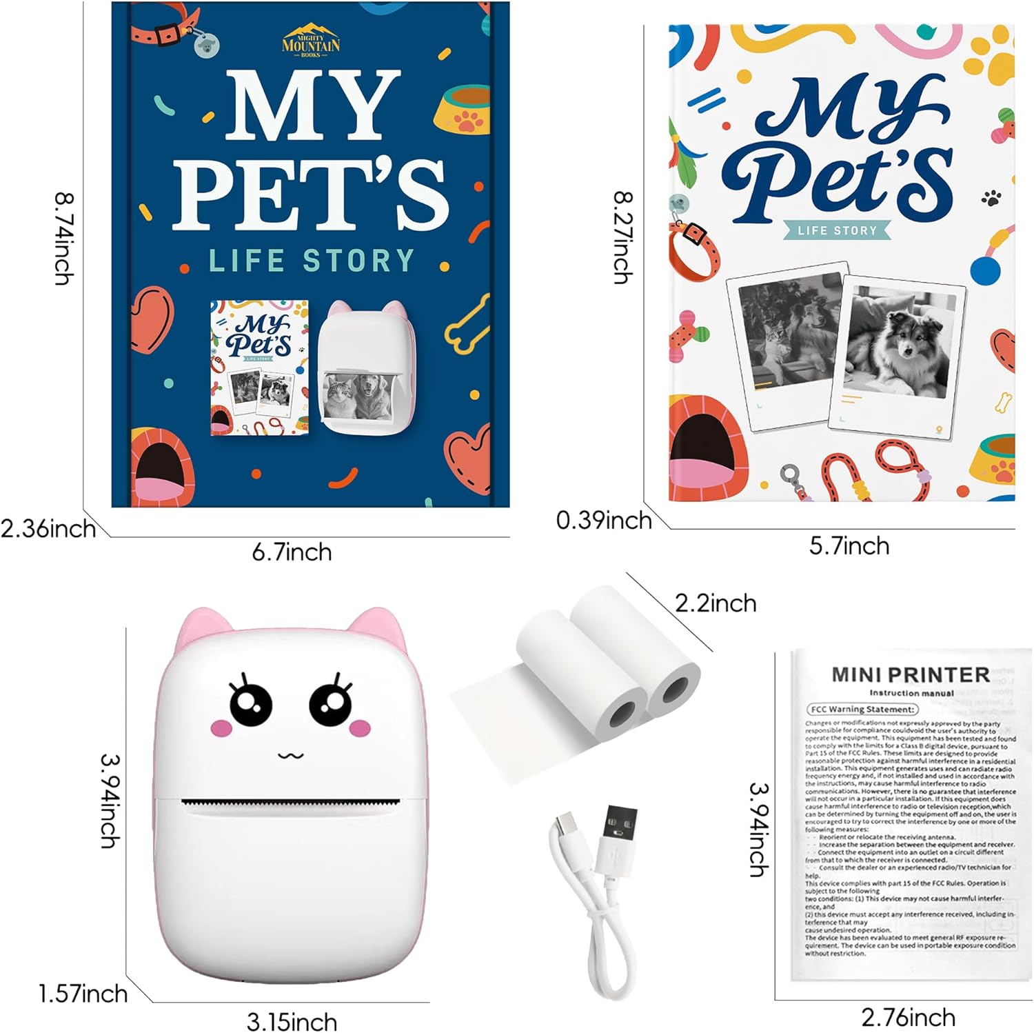 Bluetooth Mini Pet Photo Printer with Diary Book – Portable Thermal Sticker Printer for Smartphone – Includes 3 Rolls & “My Pet's Life Story” by Sean Doherty a Lifelong Animal Lover (Especially Dogs)