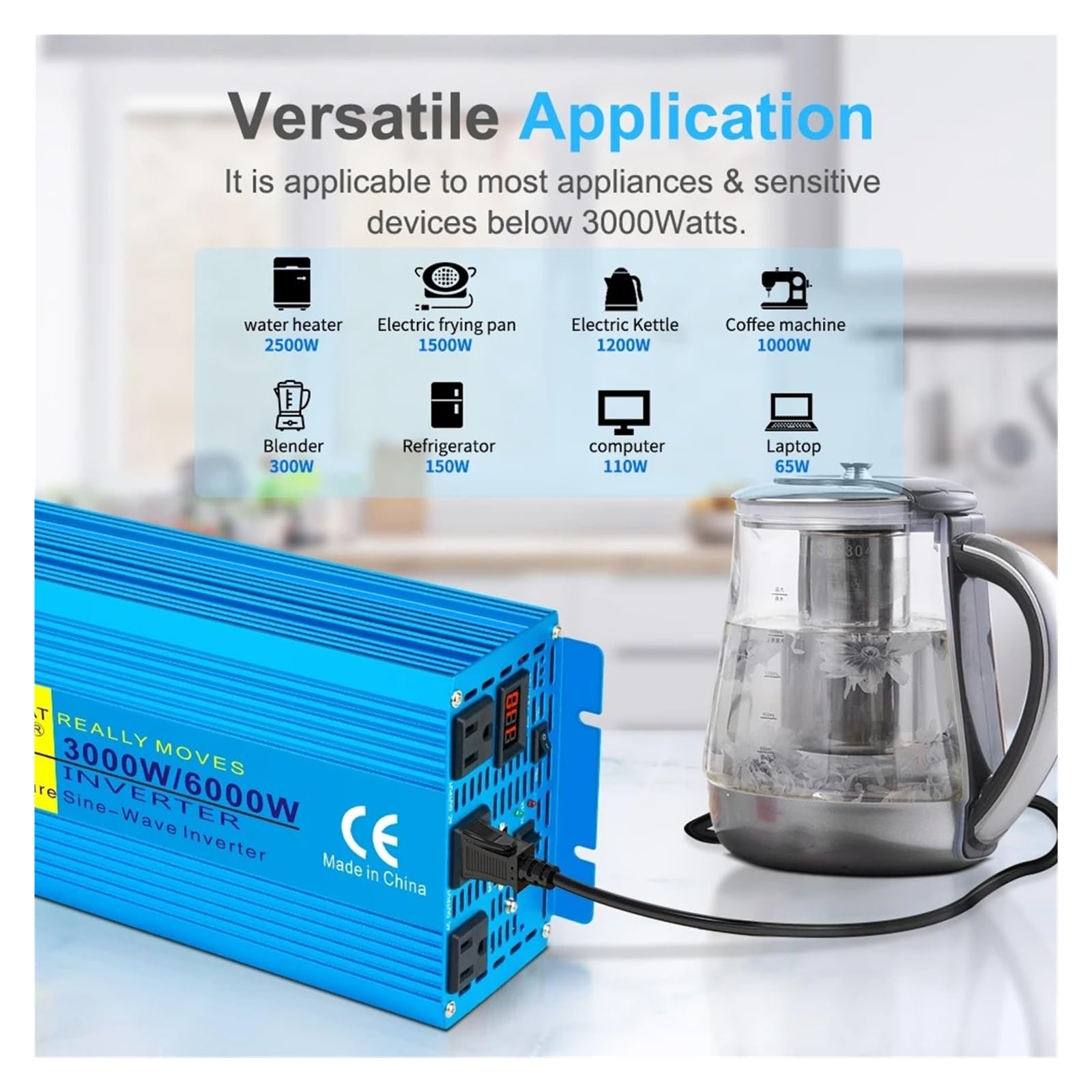 Inversor Corriente 3000 W/6000 W CC 12 V/24 V con Control Remoto para Frigorífico 220 V/230 V 50 Hz/60 Hz Pantalla LED Onda Sinusoidal Pura Convertidor(12V,220V 60Hz Universal,6000W)