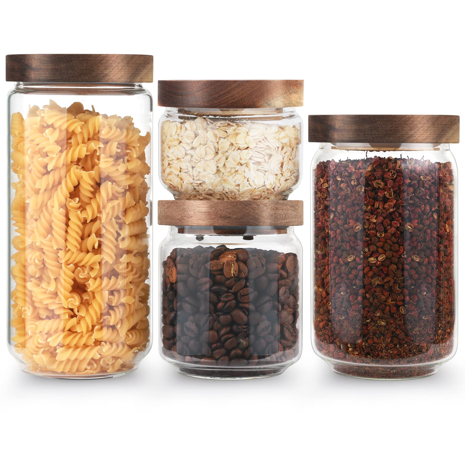 Spice Jars Set,4Pcs Kitchen Spice Containers,Stackable Glass Spice Jars with Bamboo Lids,Clear Glass Storage Jars,Spice Bottles,Bamboo Storage Containers,Empty Spice Jars for Candy,Cookie,Sugar,Nuts