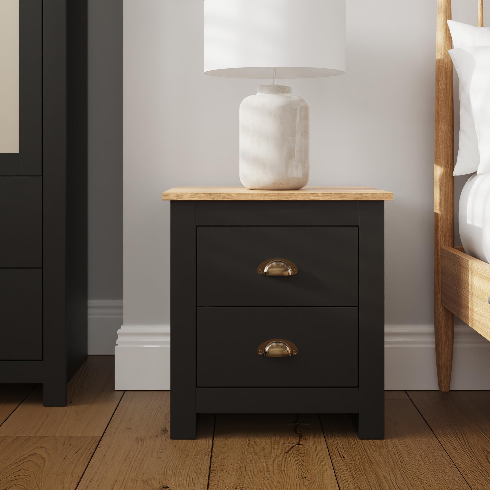 GFW - Bedside Table - 2 Drawer - Black - Oak Effect