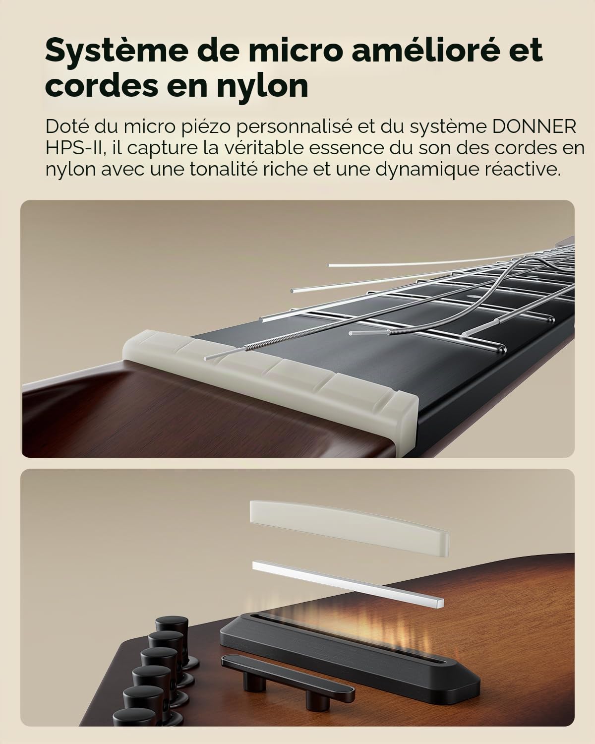 Donner HUSH-C Guitare de Voyage à Cordes en Nylon, Guitare Électro-Acoustique, Ultra-Légère pour Pratique Silencieuse avec Prise Casque, Accordeur Intégré et Housse, Sunburst