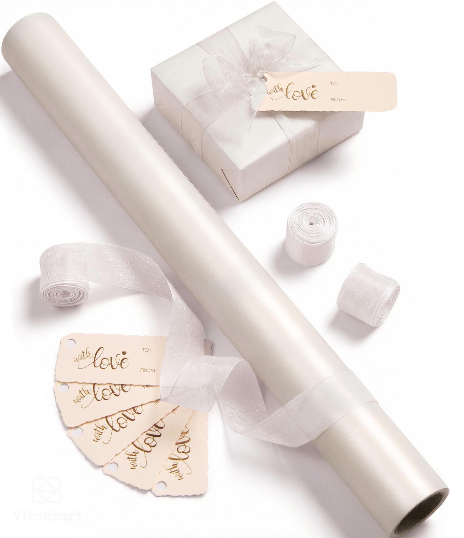Vitalizart White Wrapping Paper 43 cm x 5 m, Pearlescent Gift Wrapping Paper Roll & Organza Ribbons & Gift Tags Set for Valentines, Wedding, Brithday, Christmas, Baby Shower
