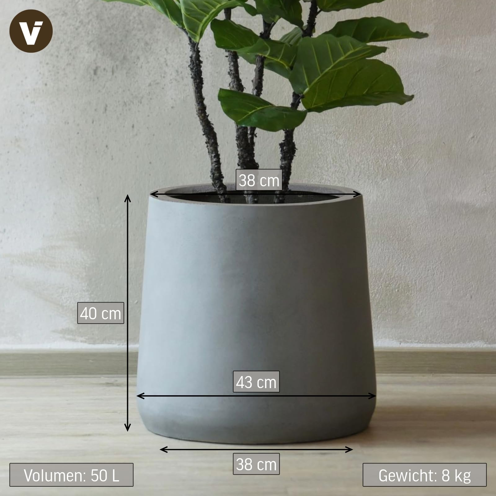 VIVANNO Pflanzkübel Blumentopf in Beton-Optik Fiberglas, 40x38 cm, Wetterfest und Frostsicher, Für Innen- und Außenbereiche