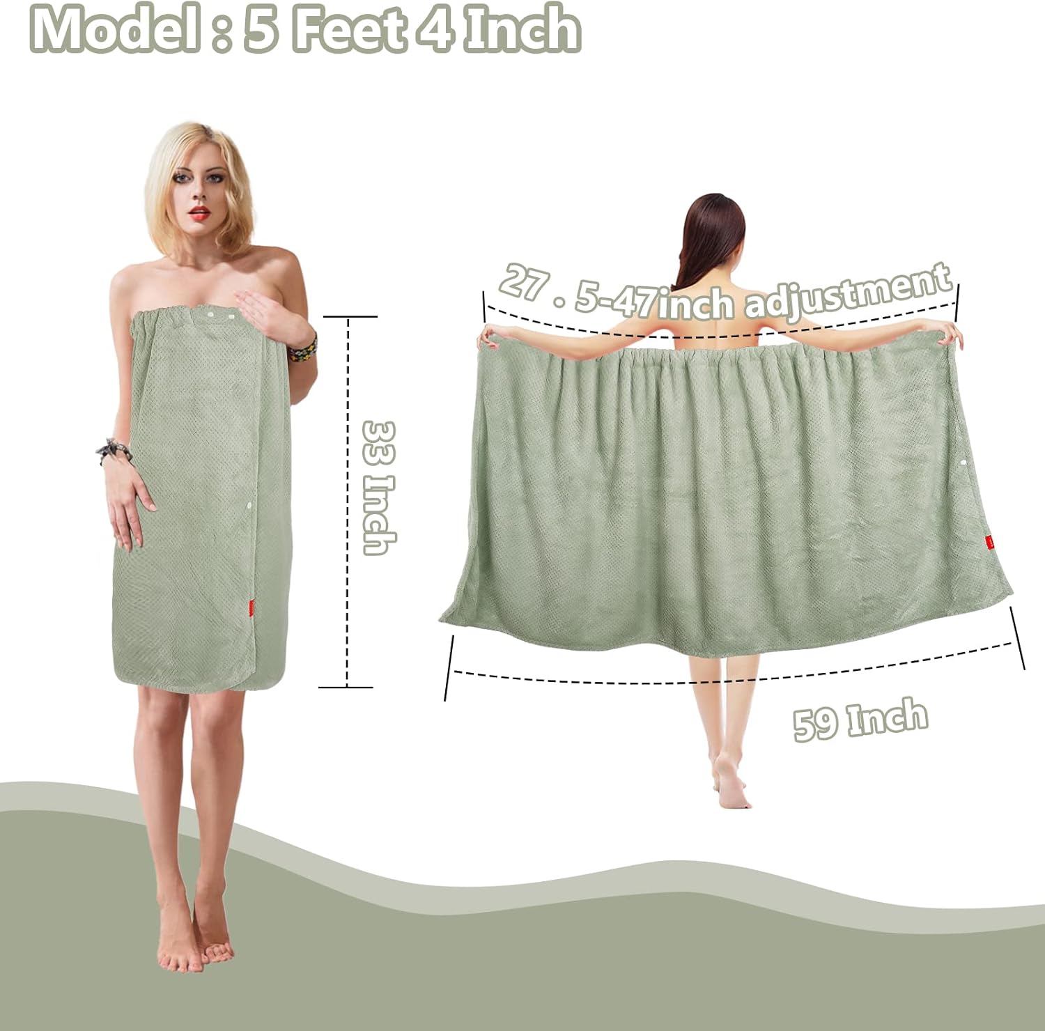Moyishi Women's Adjustable Shower Wrap Bath Towel with Snap Closure 29 x 55 inch (Green)
