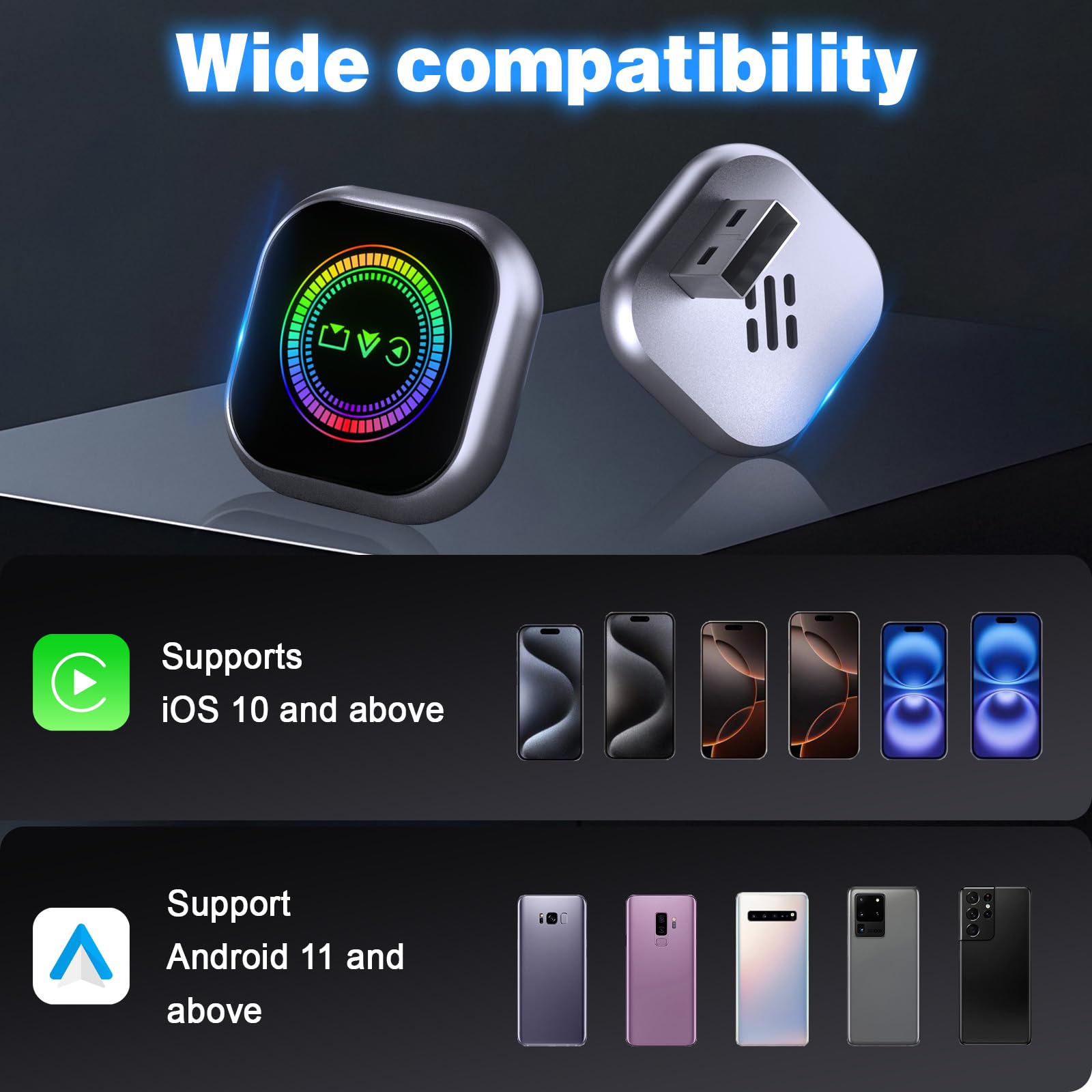 Adaptateur CarPlay & Android Auto & Air Play sans Fil 3 en 1, Nouveau CarPlay sans Fil, Projection Air Play, Reconnexion Automatique, Bluetooth 5.0 et WiFi 5.8GHz, Compatible iOS 10+, Android 11+