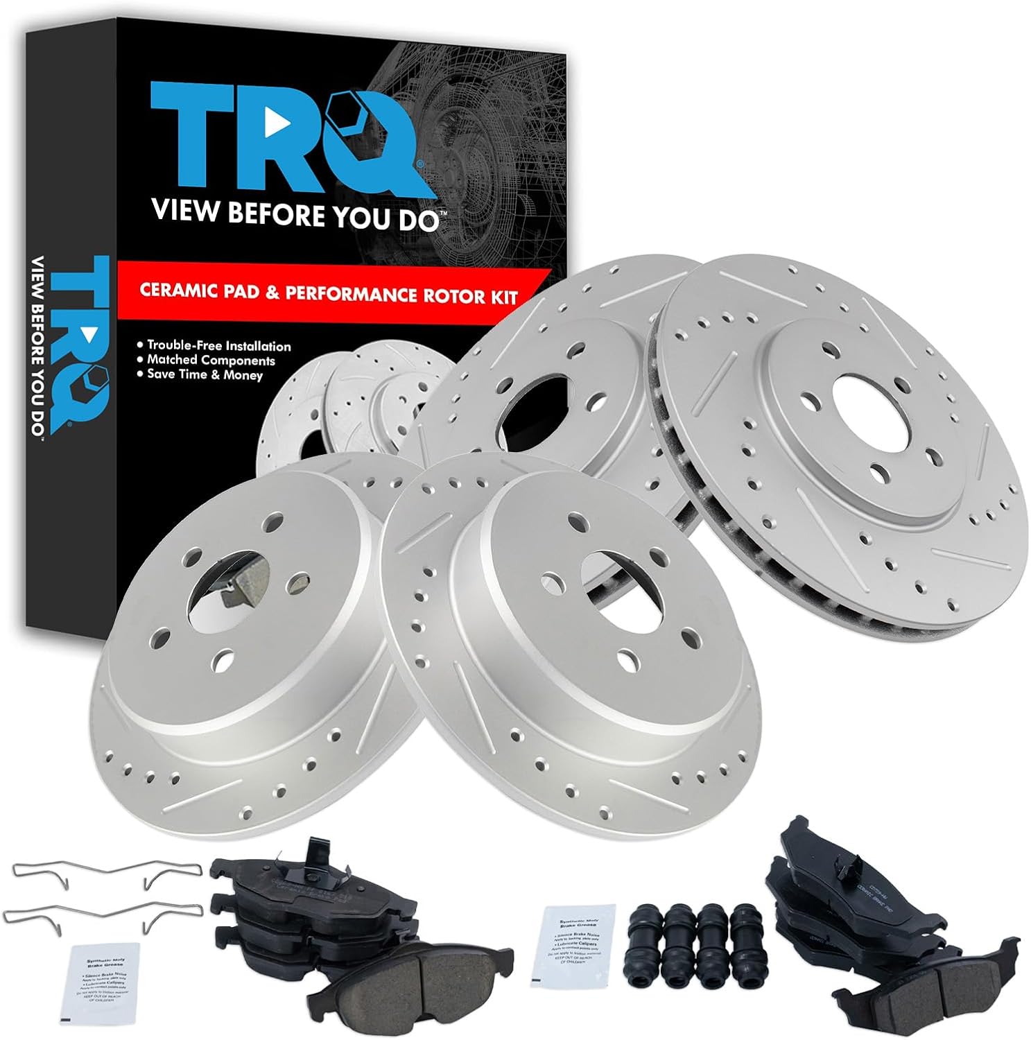 TRQ Front and Rear Brake Pad and Rotor Set Ceramic G Coated Rotors Compatible with 2001-2006 Chrysler Sebring 2001-2005 Dodge Stratus