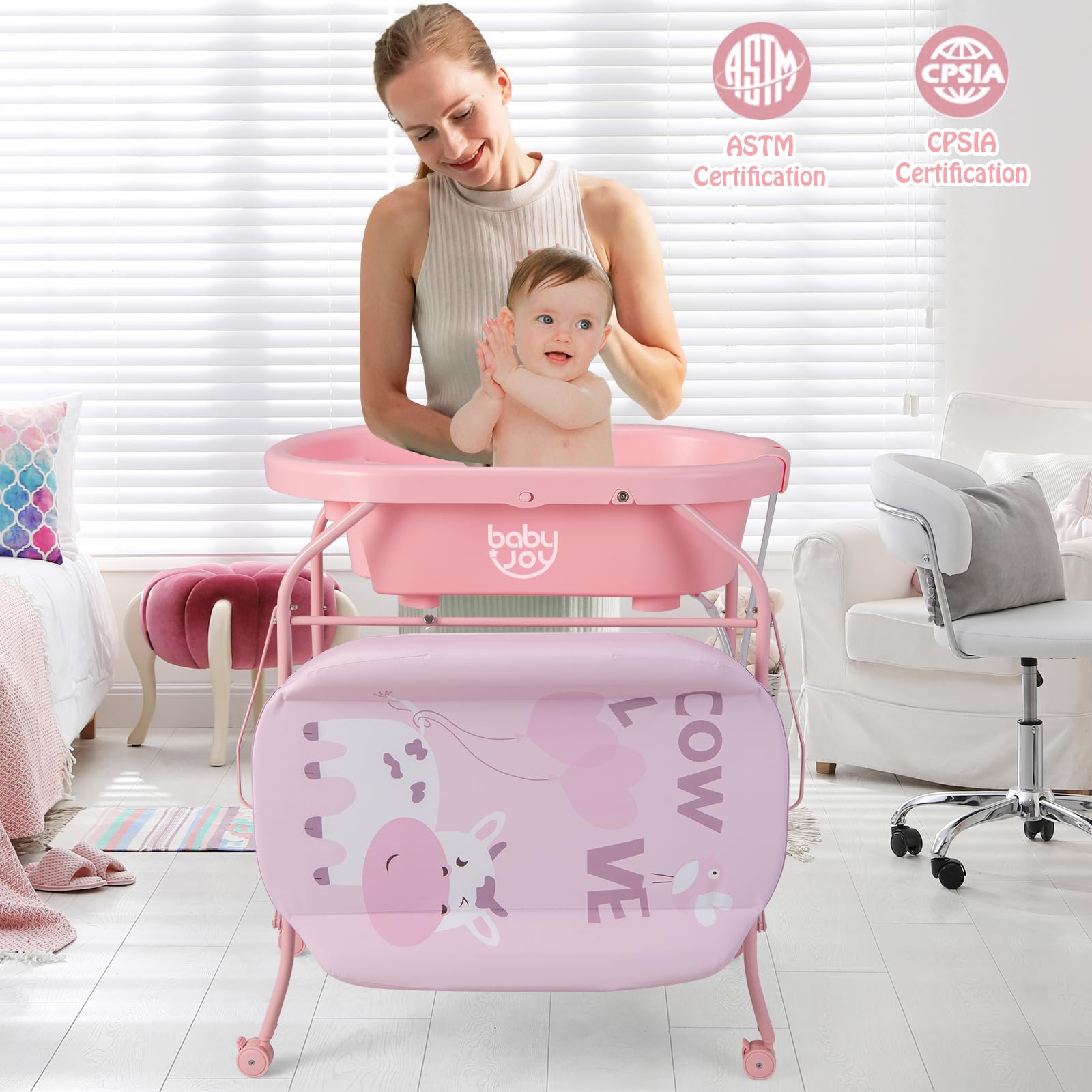 BABY JOY Vasca da bagno per bambini con fasciatoio, stazione pieghevole per fasciatoio con vassoio portaoggetti, tappetino impermeabile, organizer portatile per neonati con 4 ruote universali (rosa)