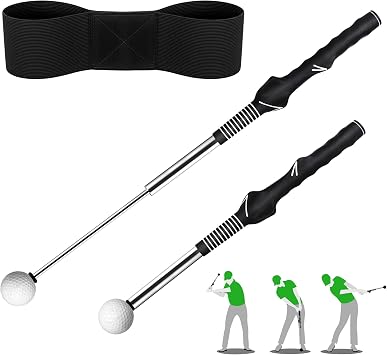 Retractable Golf Swing Trainer,Golf Grip Trainer with Arm Band for Right-Handed Golfers,Rhythm Click Sound Warm Up Golf Tempo Stick,Indoor/Outdoor