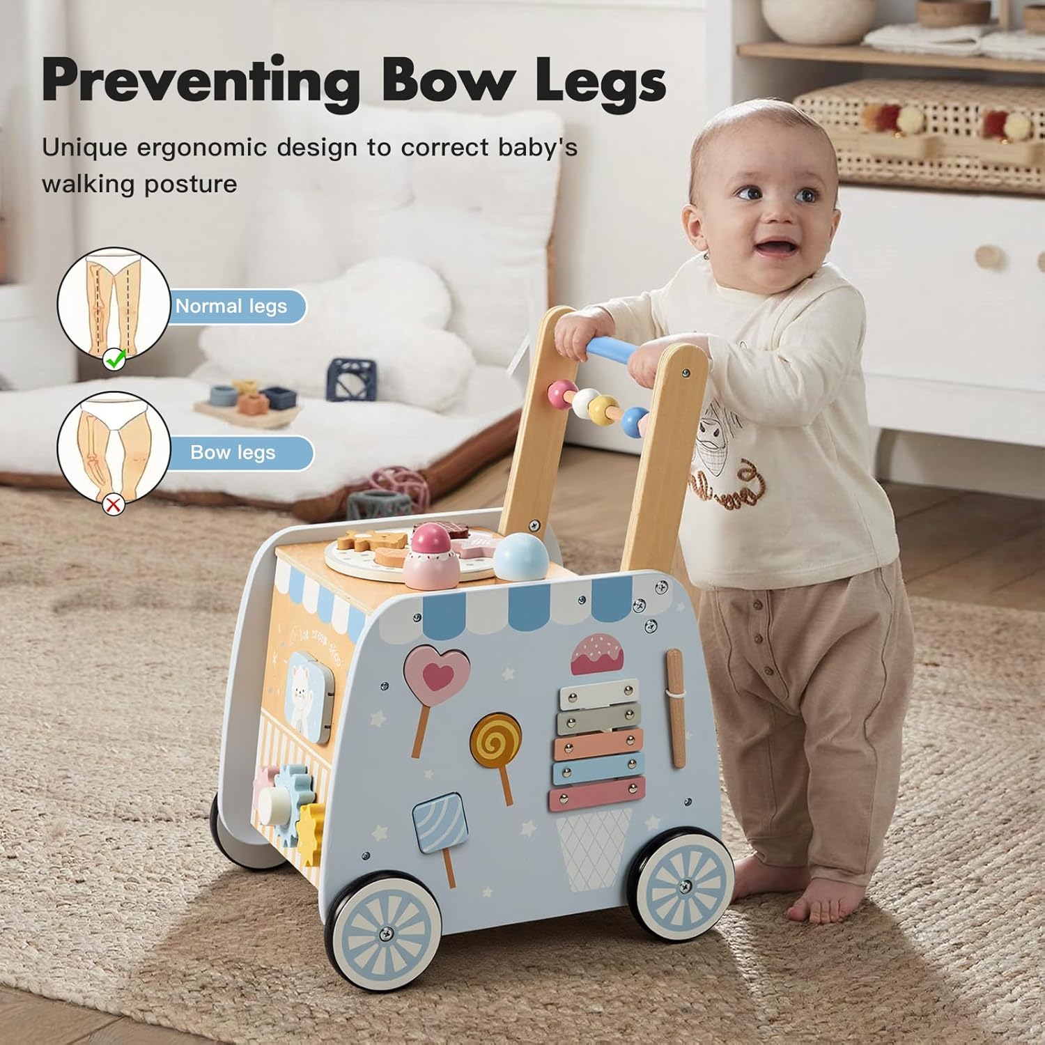 Frogprin Wooden Baby Walker, Multifunctional Ice Cream Cart, Push Walker with Wheels, Montessori Walker Toy with Activity Center, Pretend Playset Ideal for Toddlers, Boys and Girls Ages 12M+
