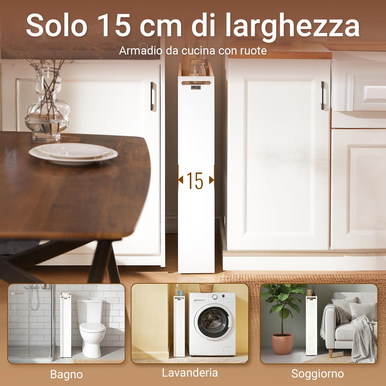 SoBuy Carrello Cucina Salvaspazio con Ruote 15cm Larghezza – Mobiletto Cucina Stretto con 3 Ripiani, Scaffale Cucina e Portaoggetti per Bagno o Ufficio, Bianco ed Effetto Legno 80x15x50cm NSR12-W