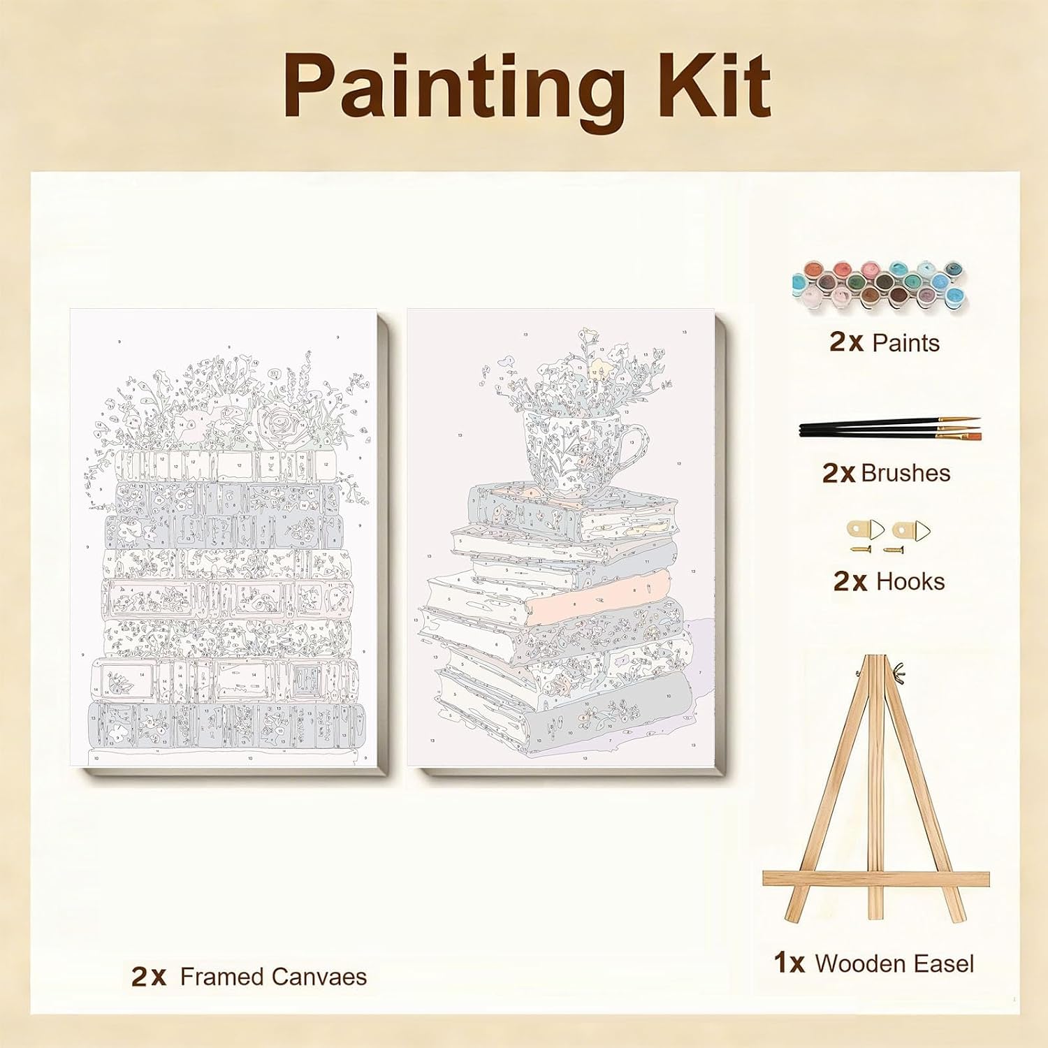 Gemozaic 2 Packs Framed Paint by Numbers Kit for Adults, Books Adults' Paint by Number Kits, Pink Book and Flowers Numbers Painting for Beginners for Gift Home, Office, Wall Decor, 8 x 12 Inch