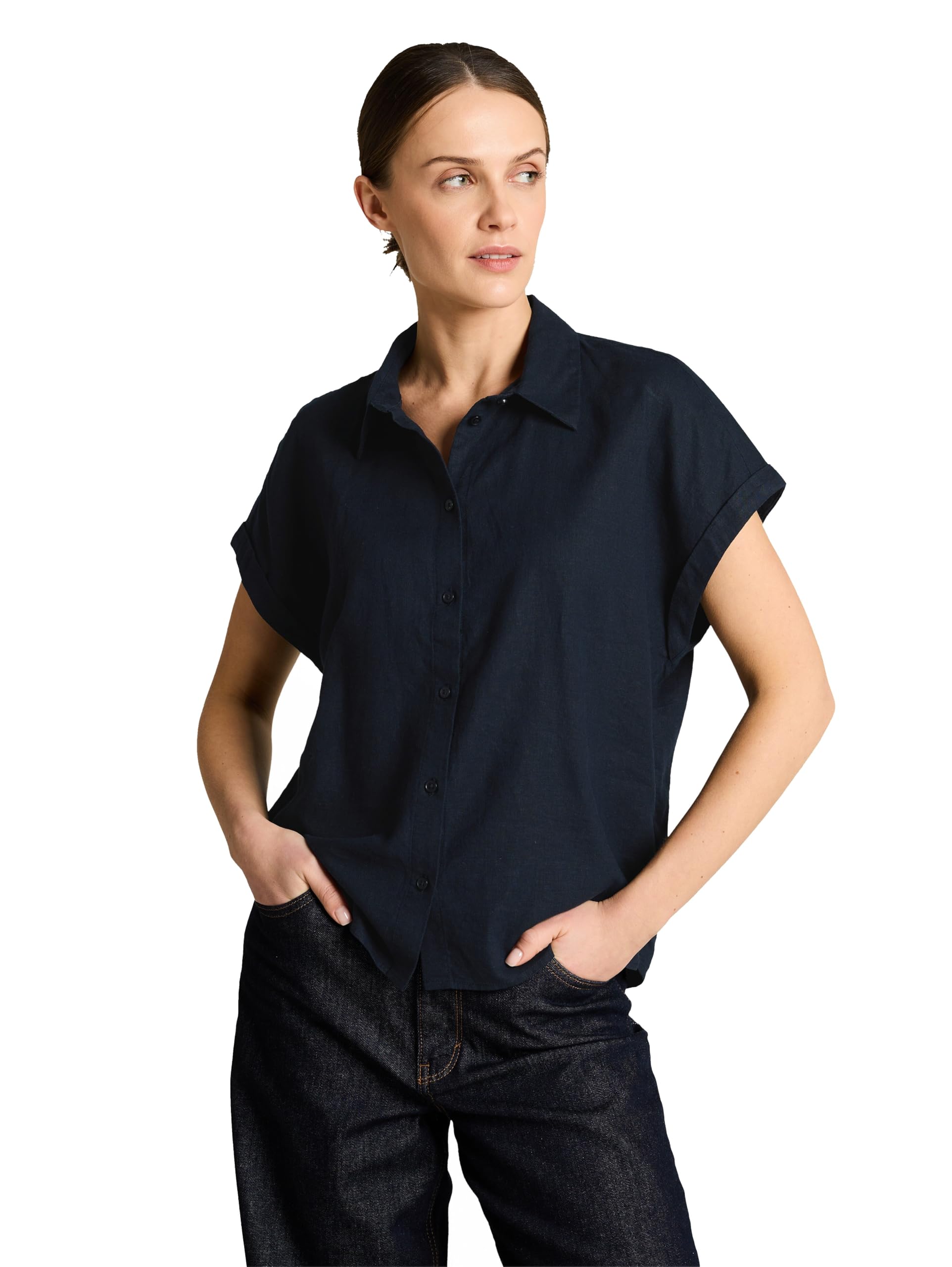 TOM TAILOR Damen Kurzarmbluse mit Leinen