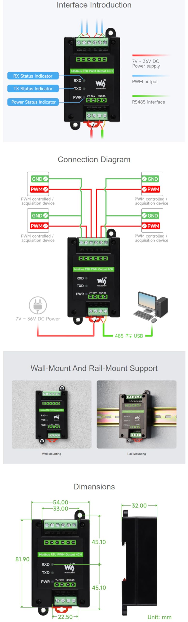 Modbus RTU PWM Output Module 4CH, Isolated RS485 to 4-Channel PWM Controller, Adjustable Frequency & Duty Cycle, 7-36V Power Input, DIN Rail Mount Case, Surge/TVS Protection, LEDs