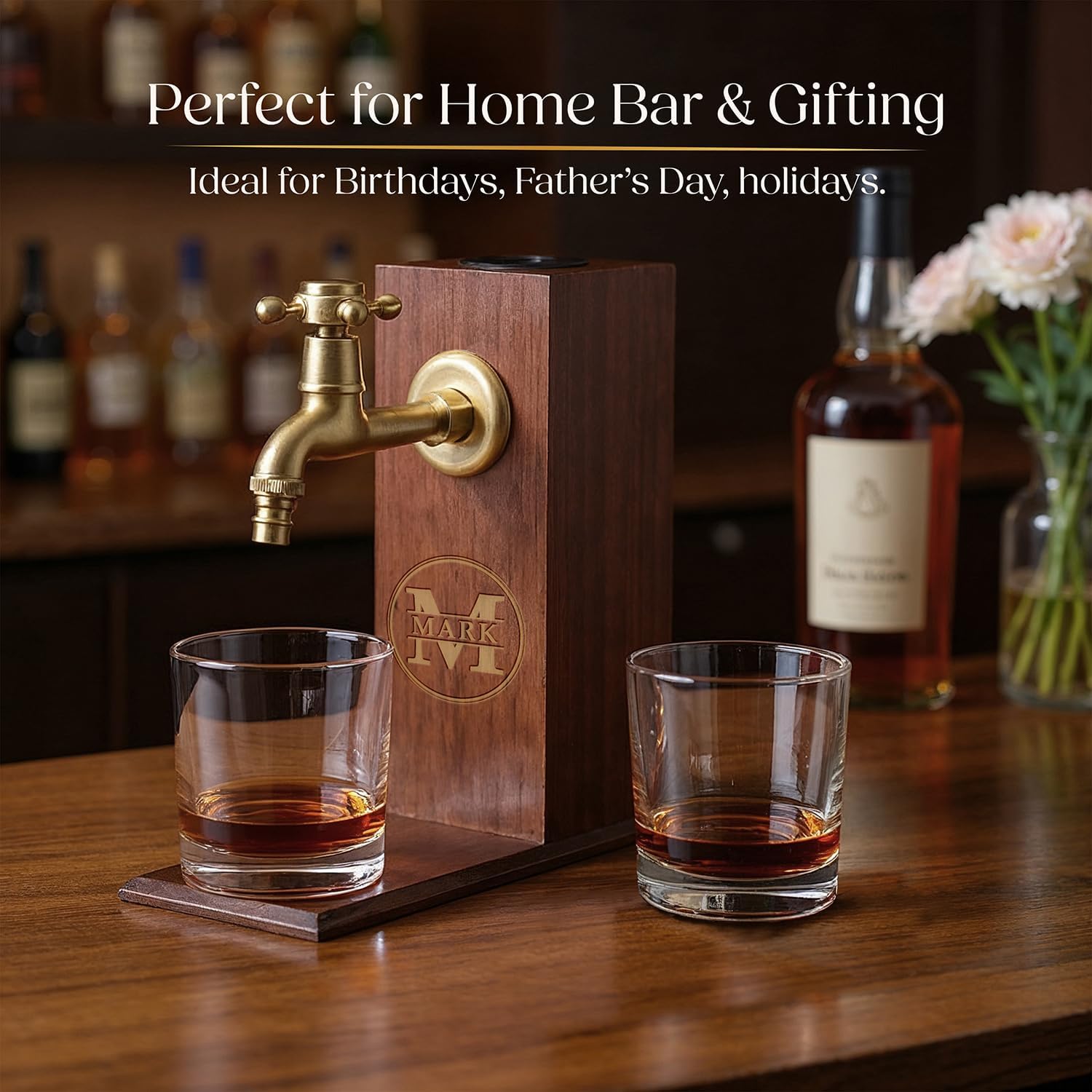 Custom Engraved Simplistic Monogram 6 Options, Liquor/Bourbon Wooden Whiskey Dispenser Personalized Drink Pourer Premium Home Bar Gift for Men, Husband, Dad