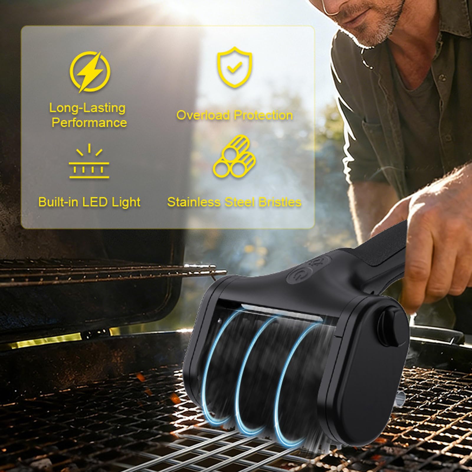 Estropajo resistente para barbacoa con dos fibras metálicas y sintéticas a lo largo de la estructura de luz integrada, cepillo antiadherente para barbacoa