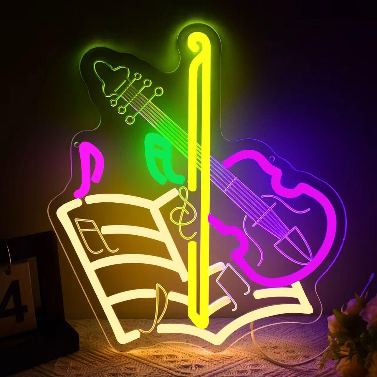 Music Guitar Neon Sign for Wall Decor, Dimmable Guitar Note LED Light Sign for Bedroom Party Bar Studio Party Game Room Decor, USB-Powered Wall Art for Music Lovers