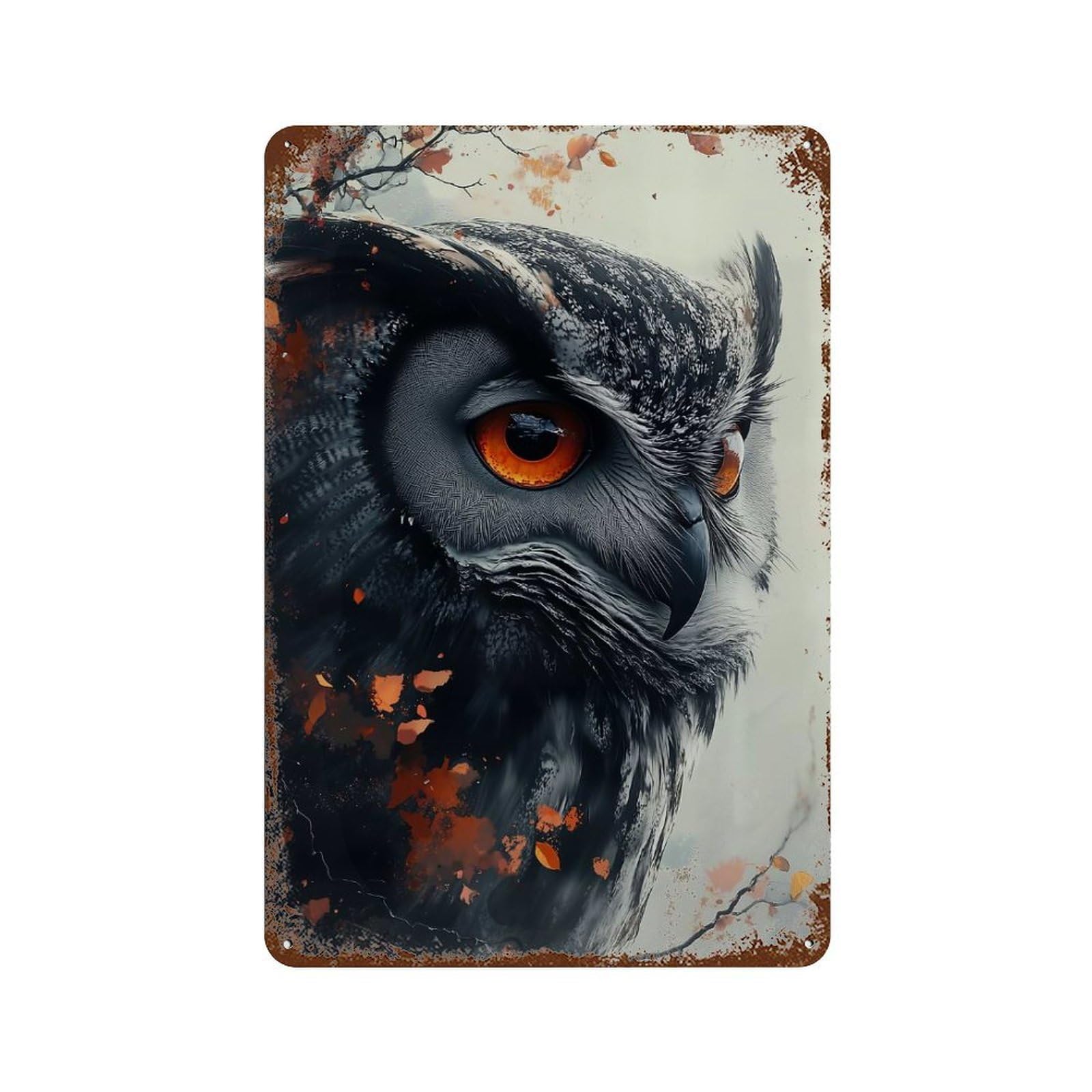 Rust Effect Owl Portrait with Autumnal Accents Rusty Metal Tin Sign 11.8"x7.9", Farmhouse Wall Decor for Cafe, Home Bar And Lounge Decor