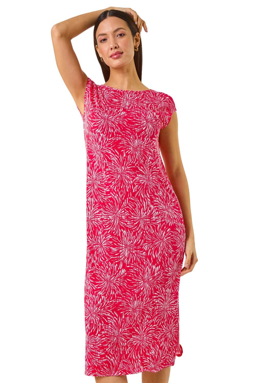 Roman Originals Abstract Print A-Line Midi Dress for Women UK - Ladies Everyday Holiday Spring Summer Round Neckline Comfy Soft Evening Vacation Work Party - Coral - Size 20