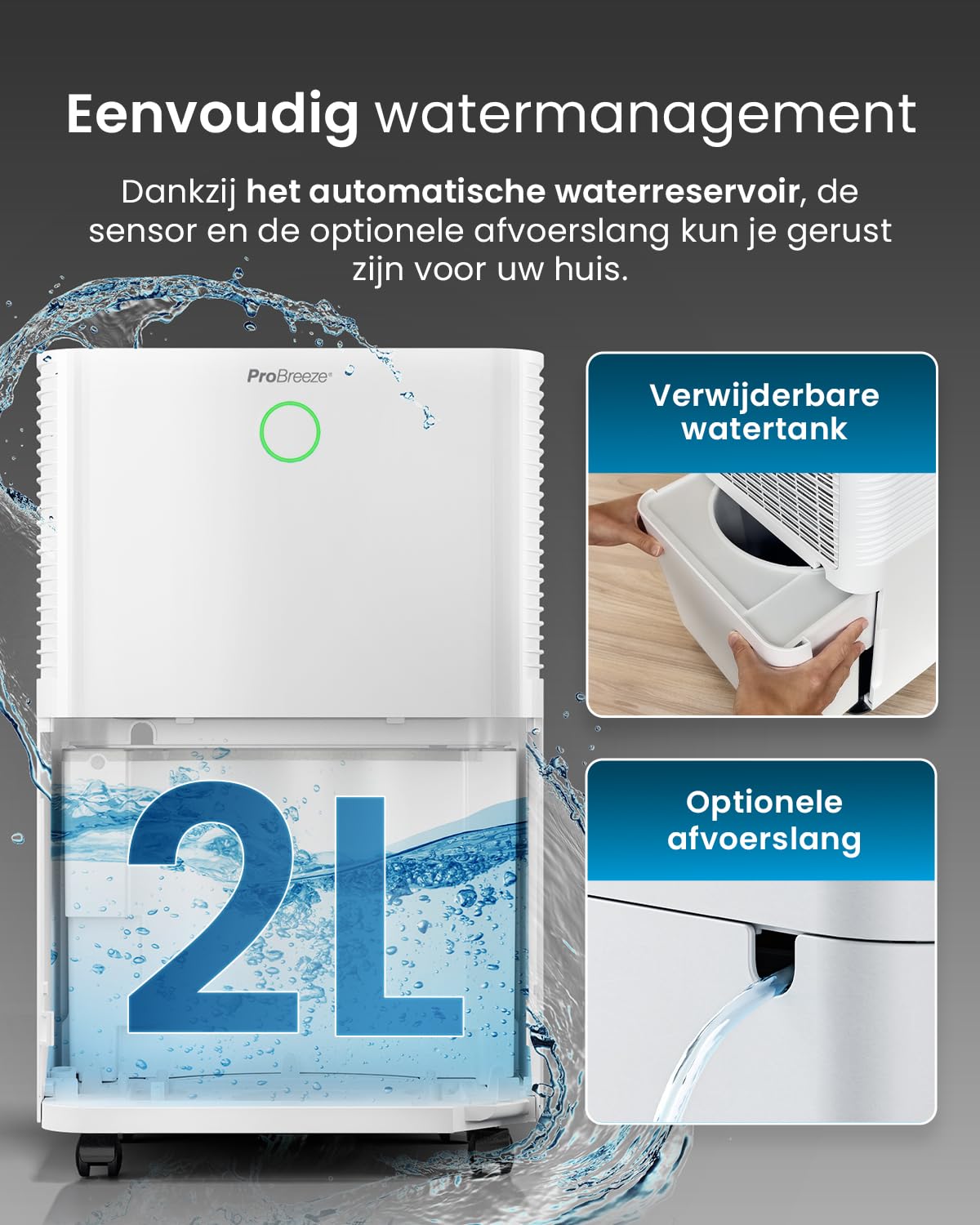 Pro Breeze 12 L/Dag Luchtontvochtiger – Automatische Vochtigheidssensor En Display – 24-Uurs Timer, Was Drogen En Slaapstand – 2L Watertank En Doorlopende Afvoer Dehumidifier Vocht En Schimmel Verwijderen Zwart