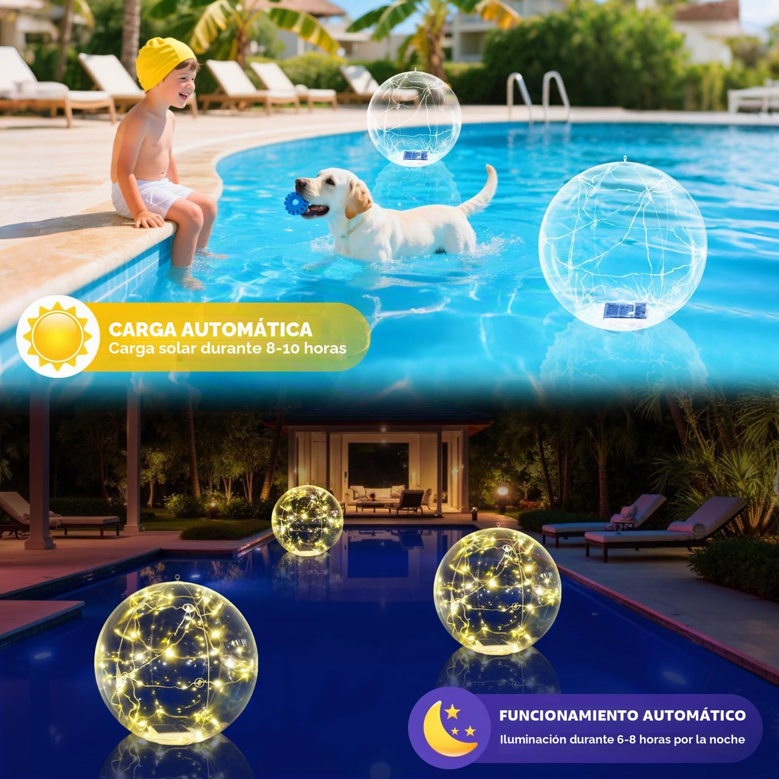 Askyli Luces solares flotantes para piscina, luz solar impermeable de 38 cm que flota, bolas de piscina con luz LED blanca cálida, luces solares de piscina de encendido/apagado automático para