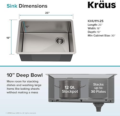 Miniatura 4 de Kraus - Standart PRO - KHU111-25 - Fregadero empotrado de acero inoxidable de 25pulgadas y calibre 16, de una sola tina, para cocina