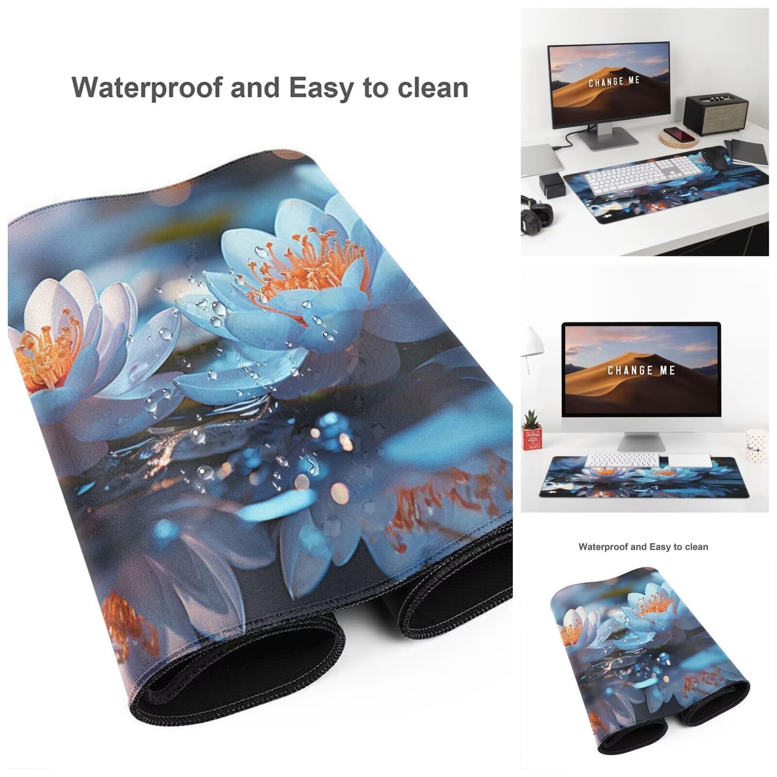 Alfombrilla Ratón Azul Alfombrilla Ratón XXL 1600 x 800 mm, Loto Mouse Pad Gaming con Bordes Cosidos, Impermeable Mousepad Base de Goma Antideslizante Duradera, Mouse Pad para Oficina Accesorios Q1150