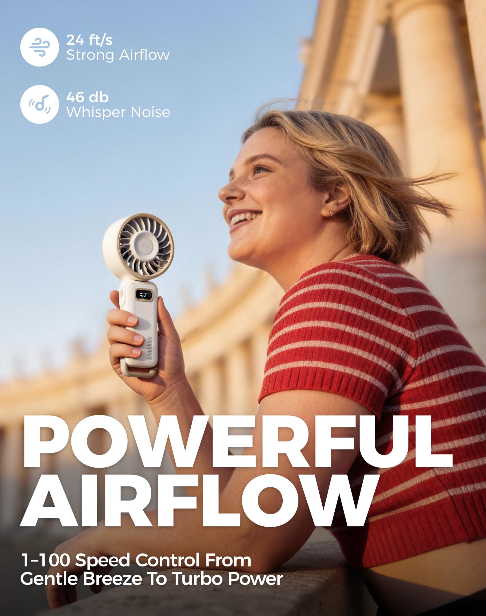Diveblues Turbo Portable Fan, 3X Powerful Airflow, 1-100 Speed, 4-in-1 Handheld Fan Mini Fan with Carabiner Clip, Up to 12H Cooling for Travel, Gifts for Women, Travel Essentials, Airplane Gadgets - 2