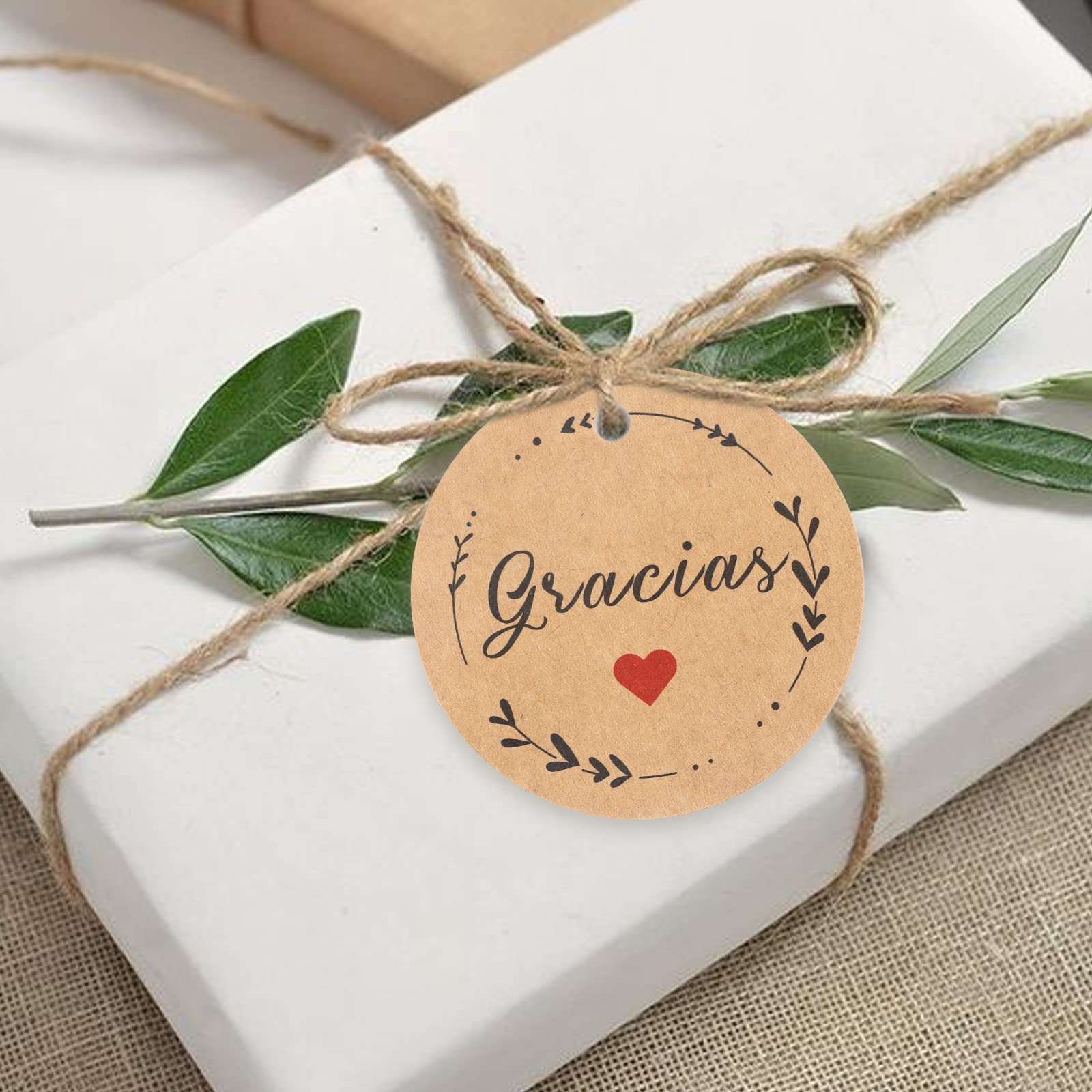 G2PLUS 100 Etichette Regalo In Carta Kraft 5x5 Cm – Con Scritta "Grazie" E Spago – Per Matrimoni, Comunioni, Compleanni E Natale - 5